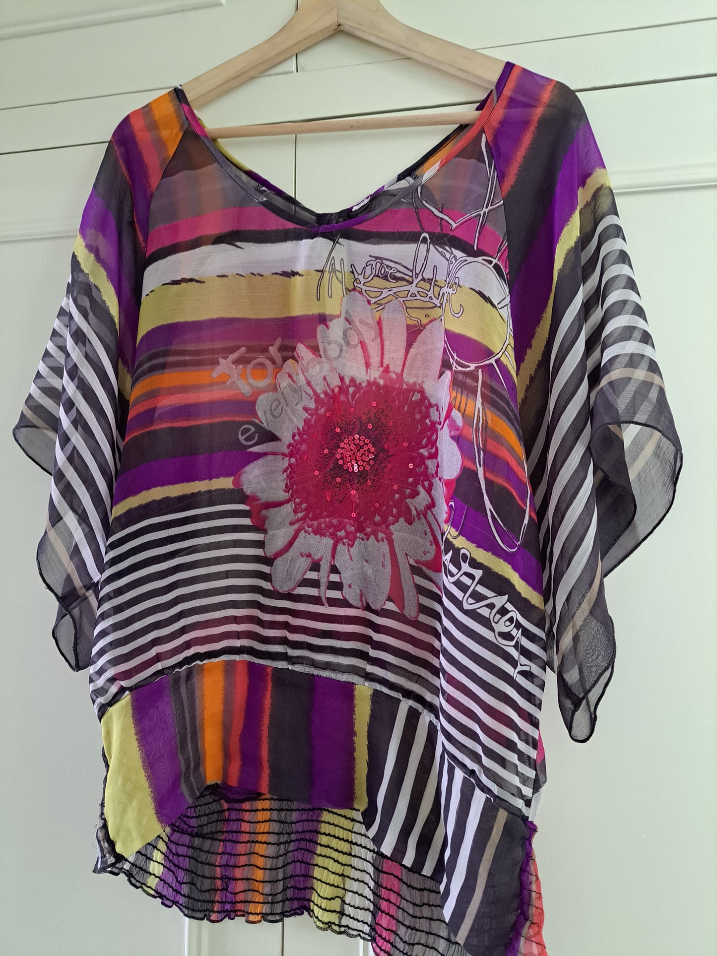Desigual Colourful Kaftan Top UK XL Sheer Floral Striped Tunic Blouse