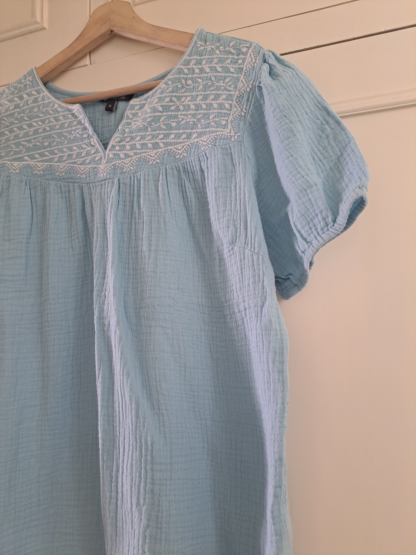 Bonmarché Light Blue Embroidered Top Size 16 Cotton Gauze Boho Blouse