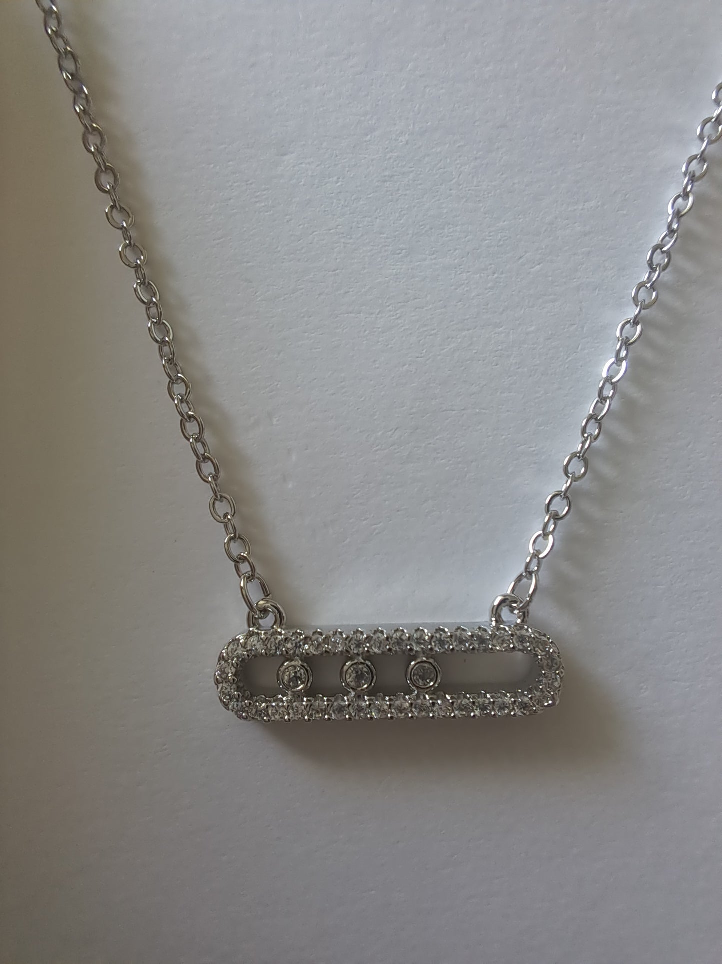 Silver Tone CZ Link Necklace Cubic Zirconia Bar Pendant Minimalist Necklace
