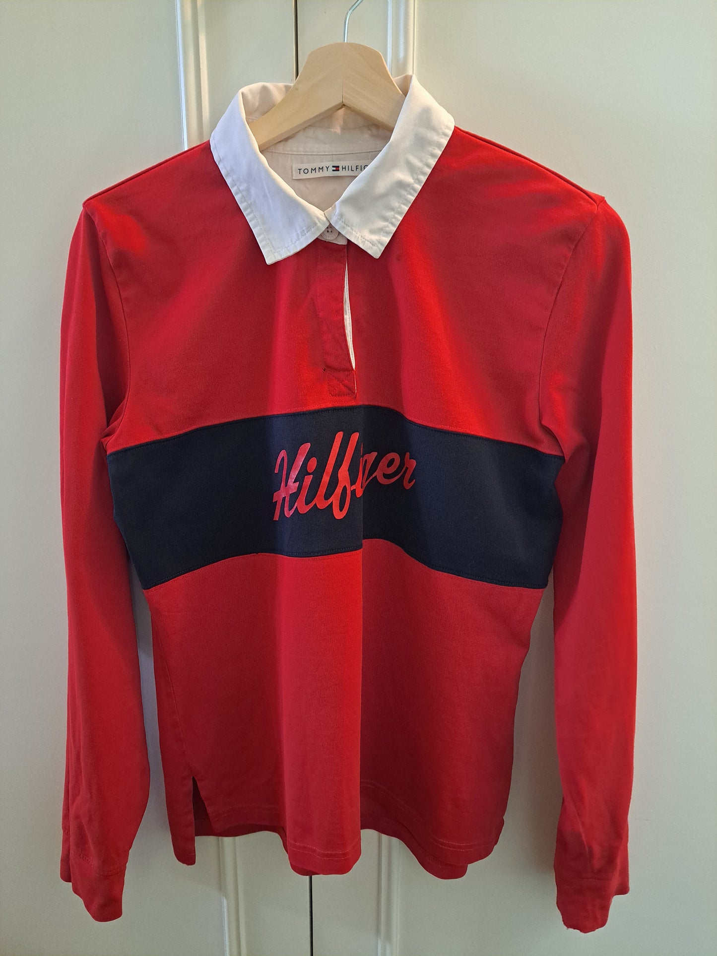Tommy Hilfiger Rugby Shirt Red Navy Long Sleeve Polo Size L