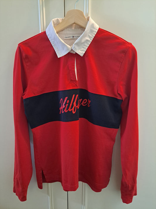 Tommy Hilfiger Rugby Shirt Red Navy Long Sleeve Polo Size L