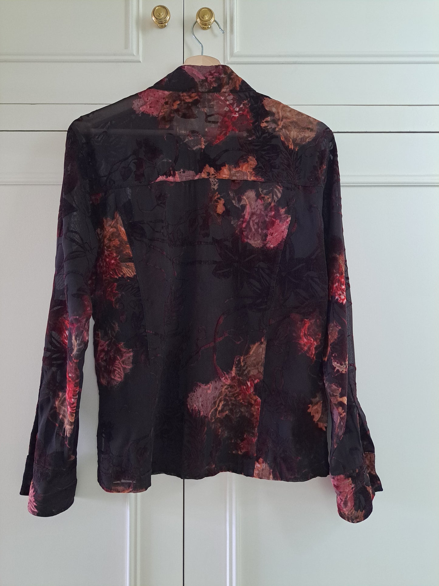 Sheer Floral Blouse Size 38 Black Burgundy Button-Up Shirt Romantic Top
