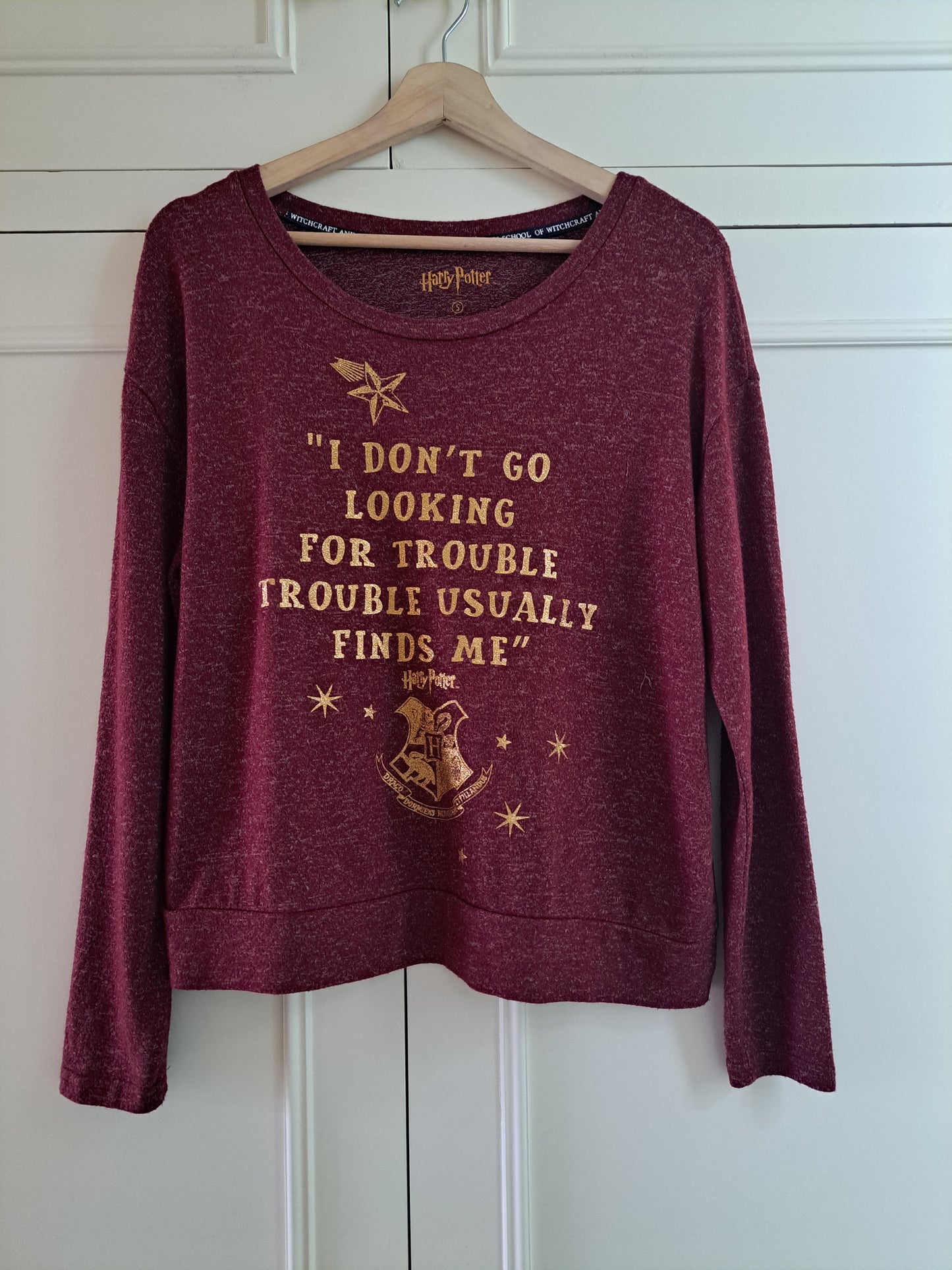 Harry Potter Burgundy Slogan Top Size S Hogwarts Long Sleeve T-Shirt