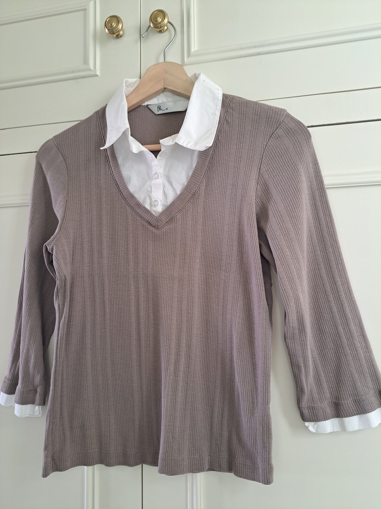 BHS Layered Look Ribbed Top Size 12 Taupe Beige 100% Cotton