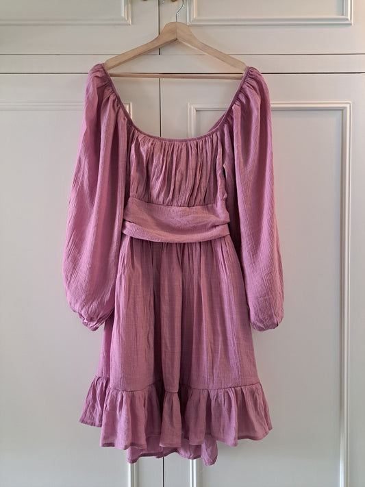 Pink Tie Back Midi Dress Puff Sleeve Cottagecore Boho Dress Size M