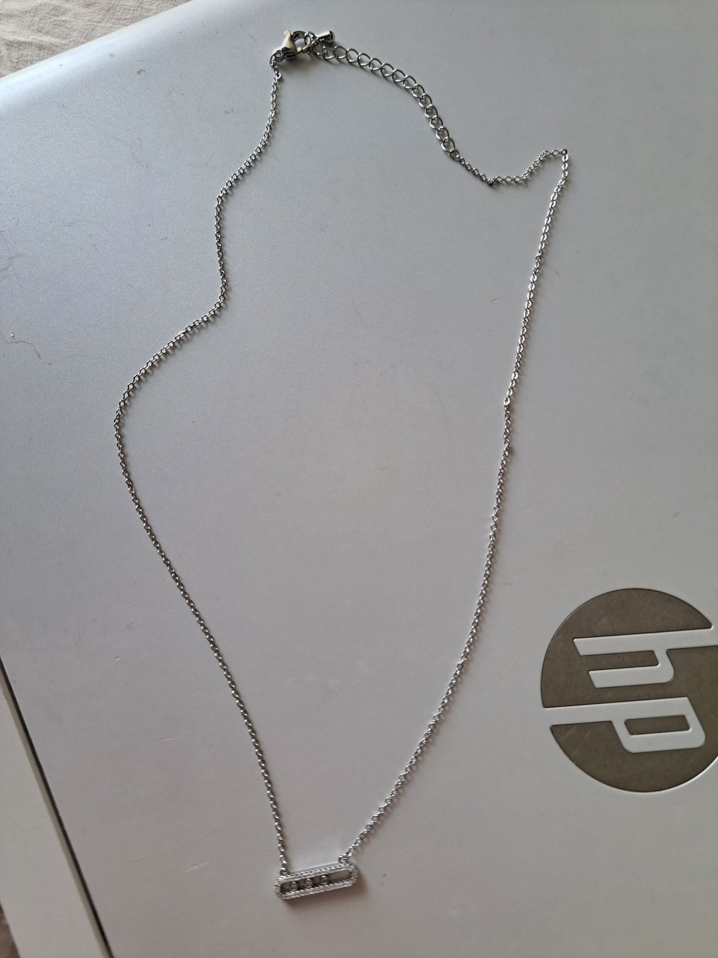 Silver Tone CZ Link Necklace Cubic Zirconia Bar Pendant Minimalist Necklace