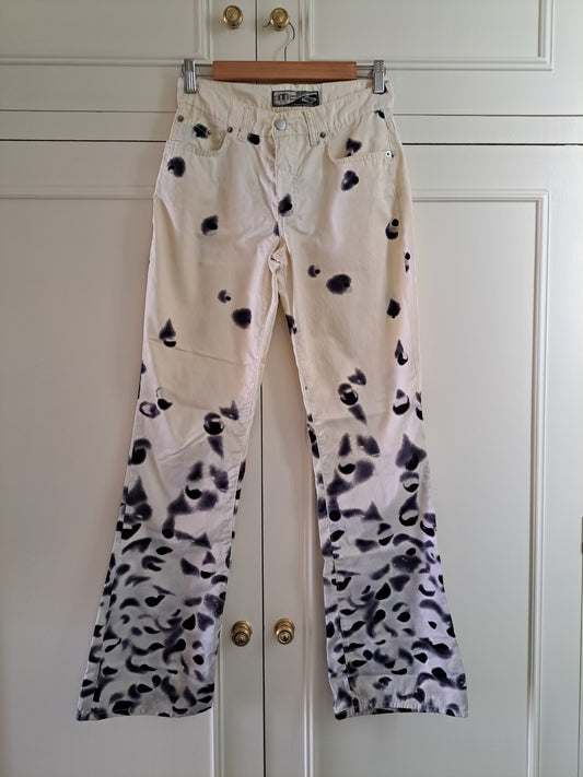 Y2K Cream White Spray Print Flared Jeans Low Rise Festival Trousers