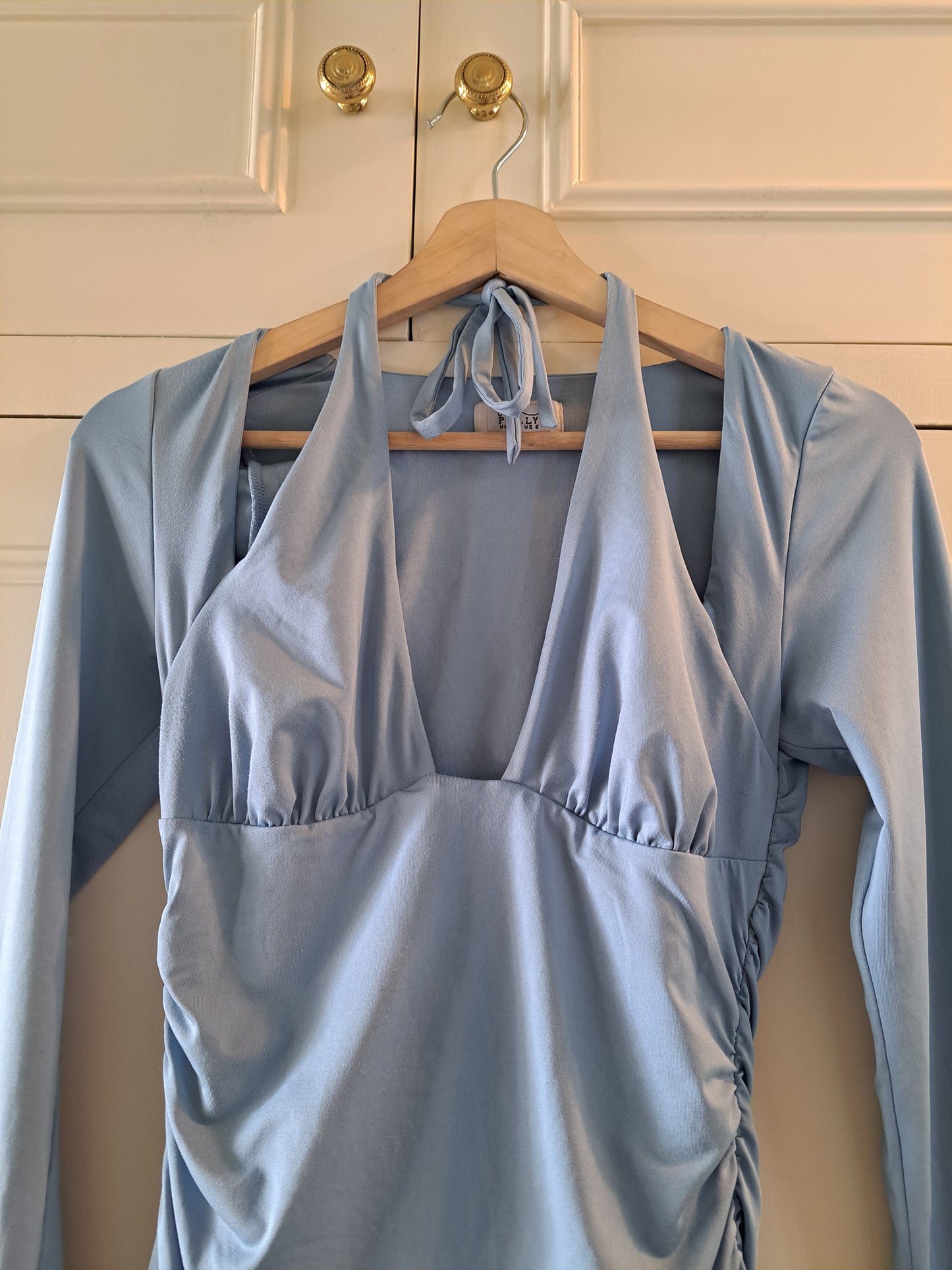 Oh Polly Blue Ruched Bodycon Midi Dress UK 10 Cut Out Occasion Dress