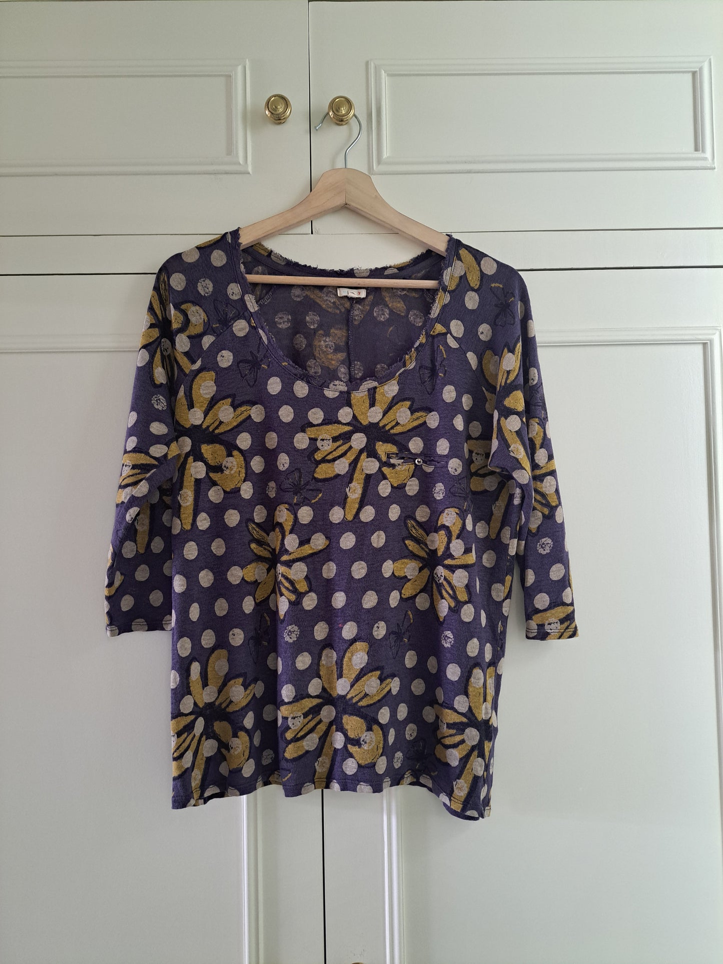 White Stuff Linen Blend Floral Polka Dot Top  Purple Boho Summer Blouse