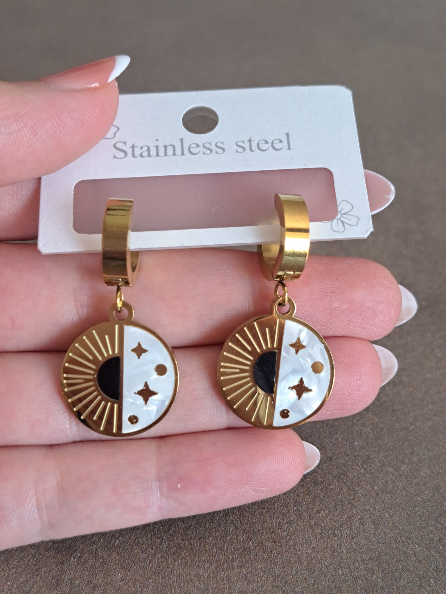 Sun & Moon Drop Hoop Earrings Gold Tone Celestial Earrings White Enamel Dang