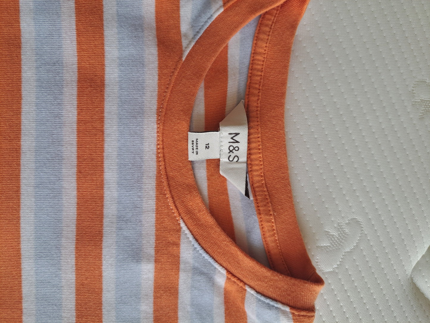 M&S Orange & White & Blue Striped Cotton Top Size 12 Casual Summer T-Shirt