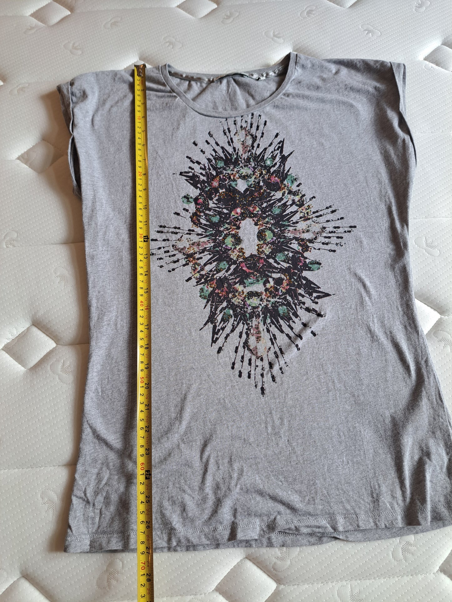Rich & Royal Grey Graphic T-Shirt Size M Embellished Cotton Tee