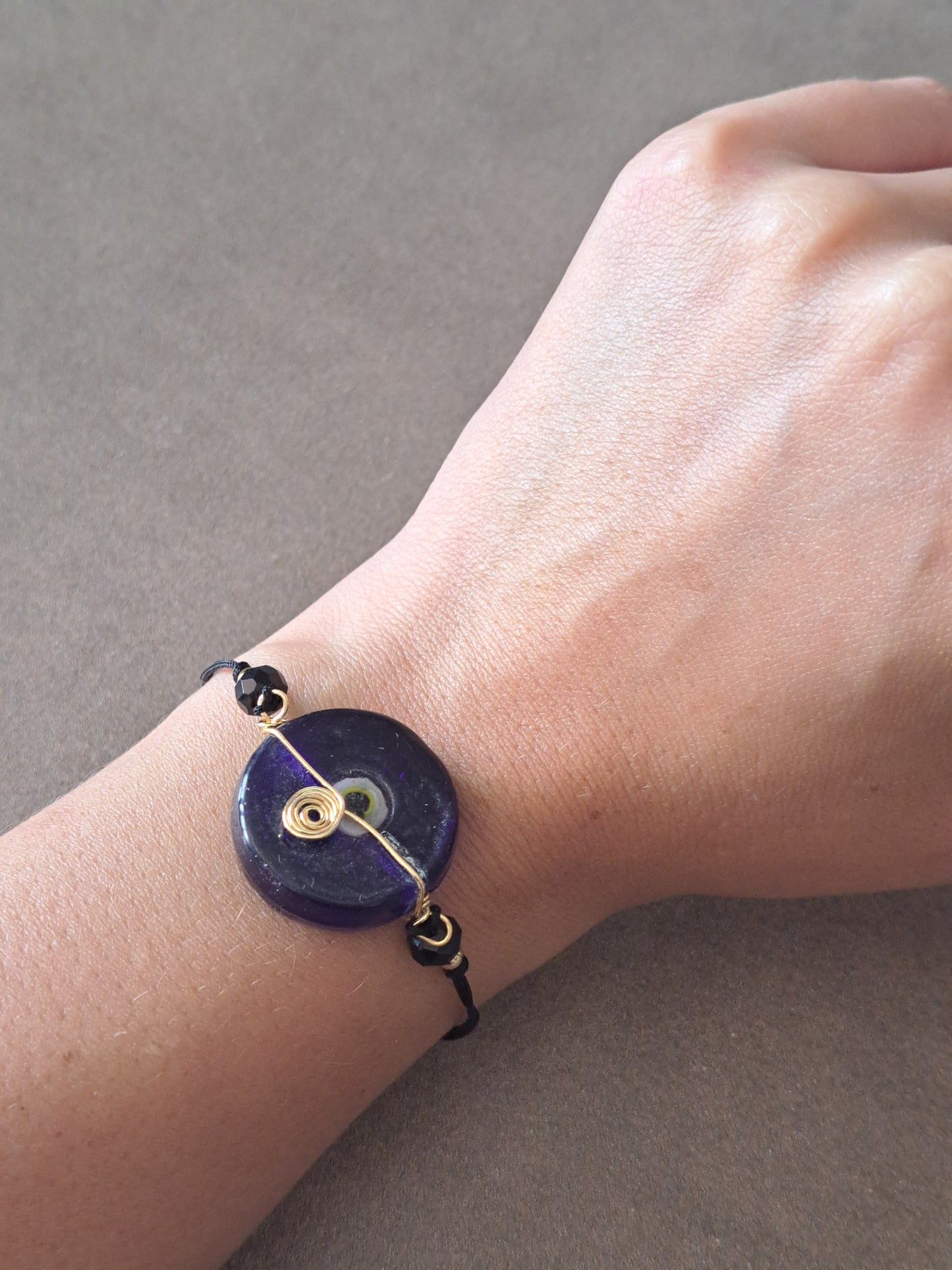 Adjustable Black Cord Bracelet Blue Disc Bead Bracelet Minimalist Evil Eye