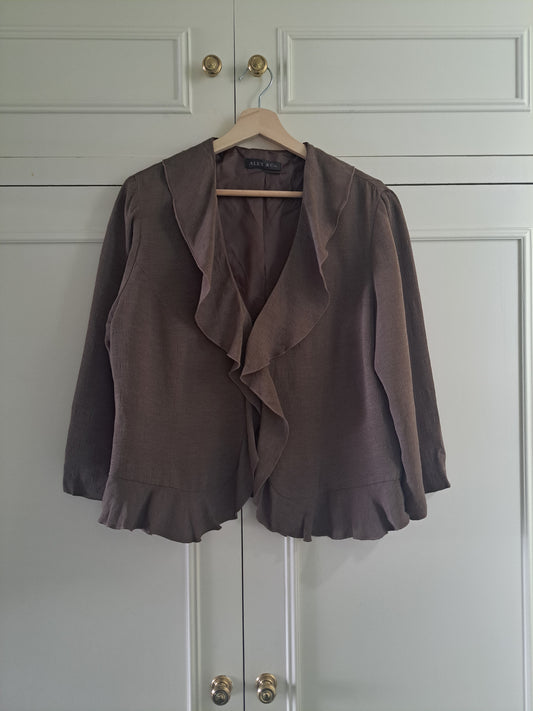 Alex & Co Brown Waterfall Jacket UK 16 Open Front Ruffle Blazer Cardigan