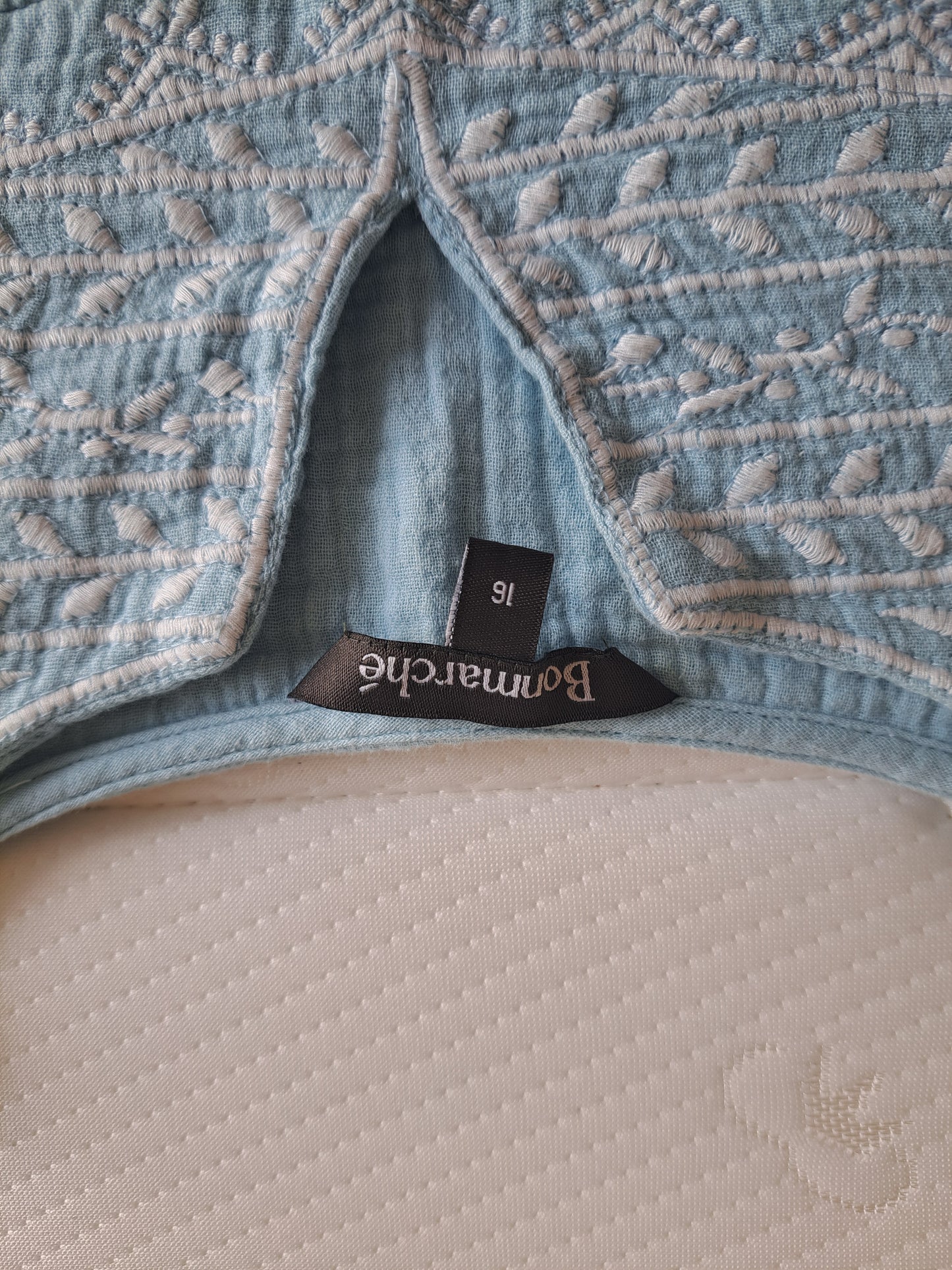 Bonmarché Light Blue Embroidered Top Size 16 Cotton Gauze Boho Blouse