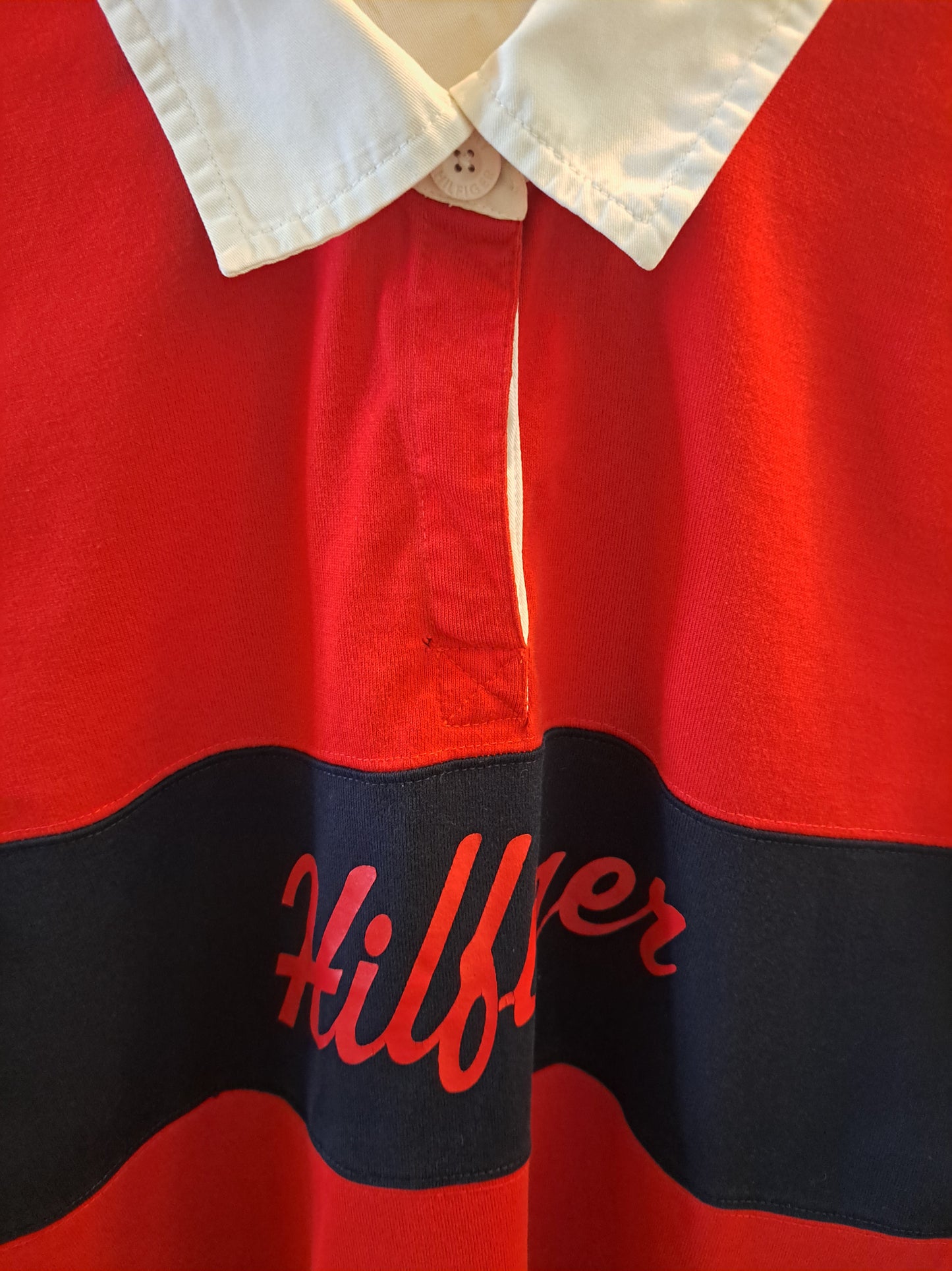 Tommy Hilfiger Rugby Shirt Red Navy Long Sleeve Polo Size L