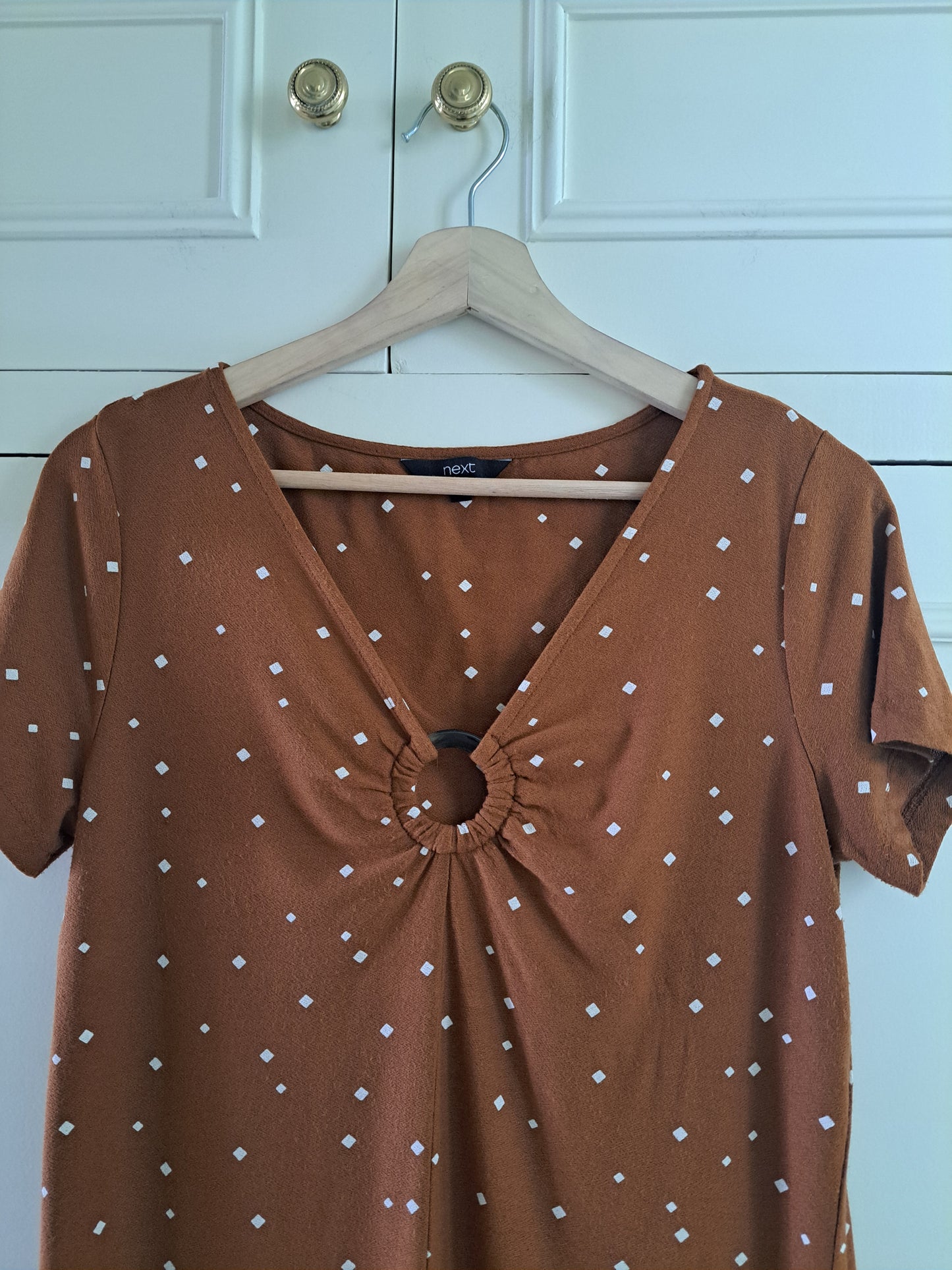 Next Brown Polka Dot Top Size 10 Ruched Ring Detail V-Neck