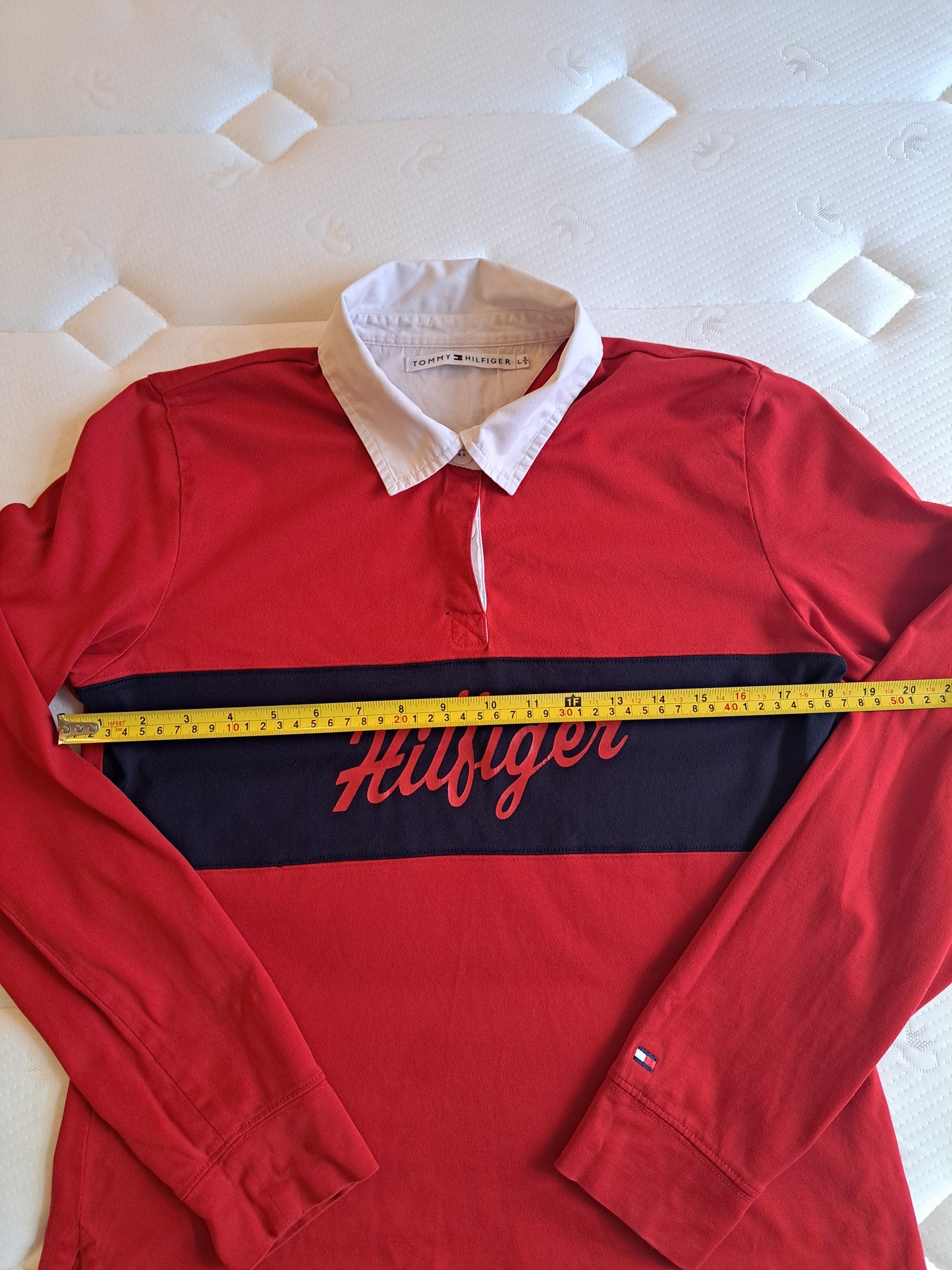 Tommy Hilfiger Rugby Shirt Red Navy Long Sleeve Polo Size L