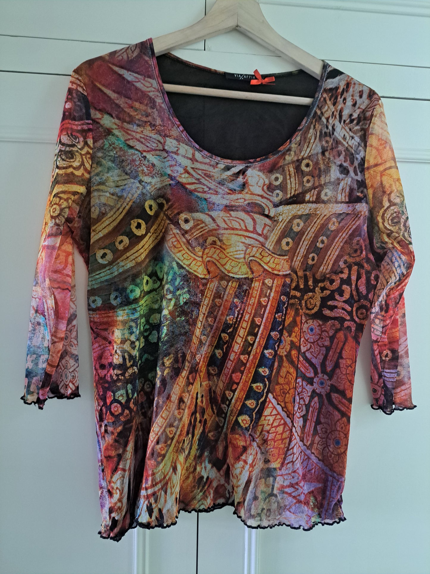 Via Appia Abstract Mesh Top UK 10-12 Sheer Stretch Printed Long Sleeve To