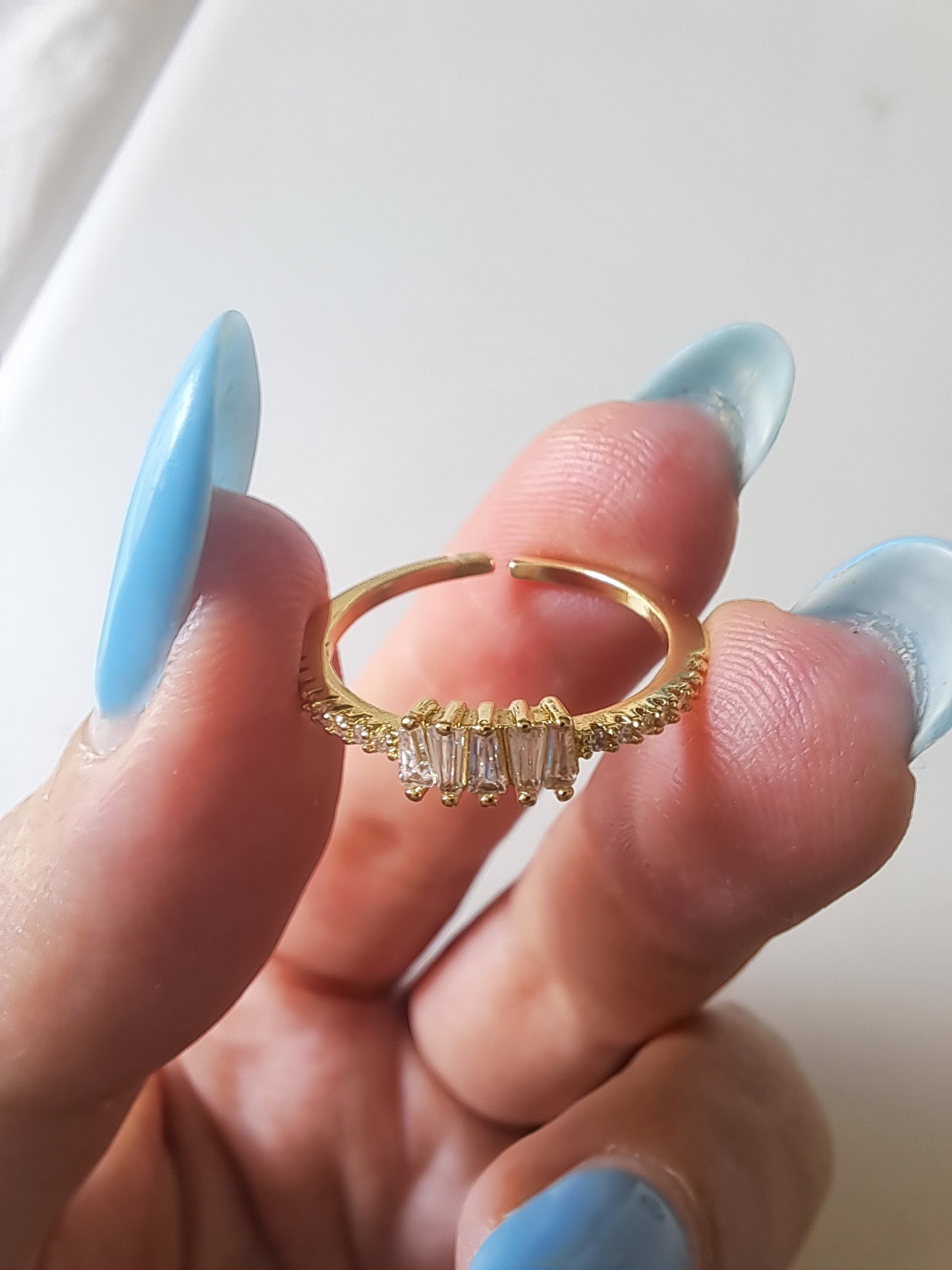 Gold Tone Adjustable CZ Ring Cubic Zirconia Baguette Ring Minimalist Open Ring