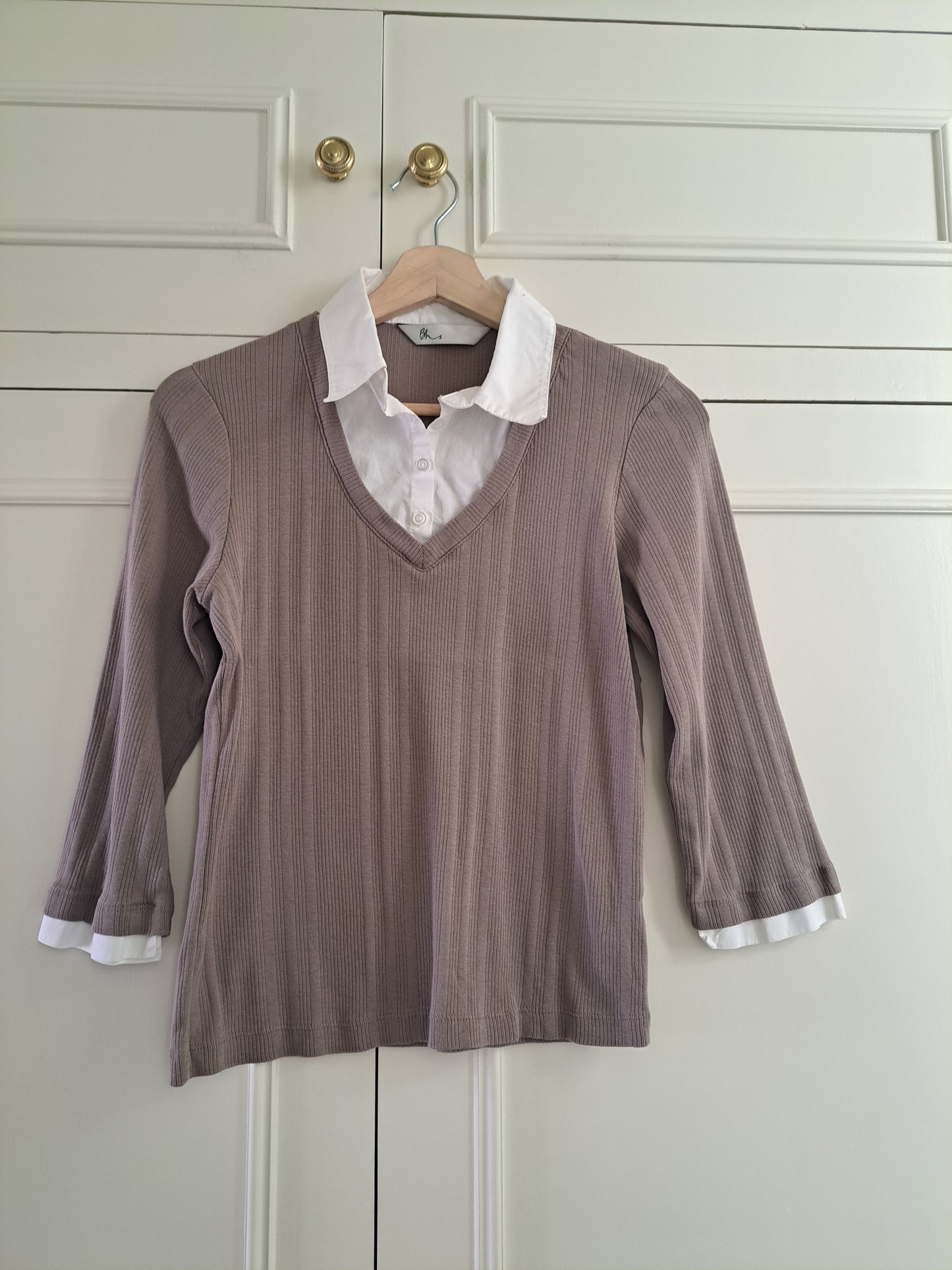 BHS Layered Look Ribbed Top Size 12 Taupe Beige 100% Cotton