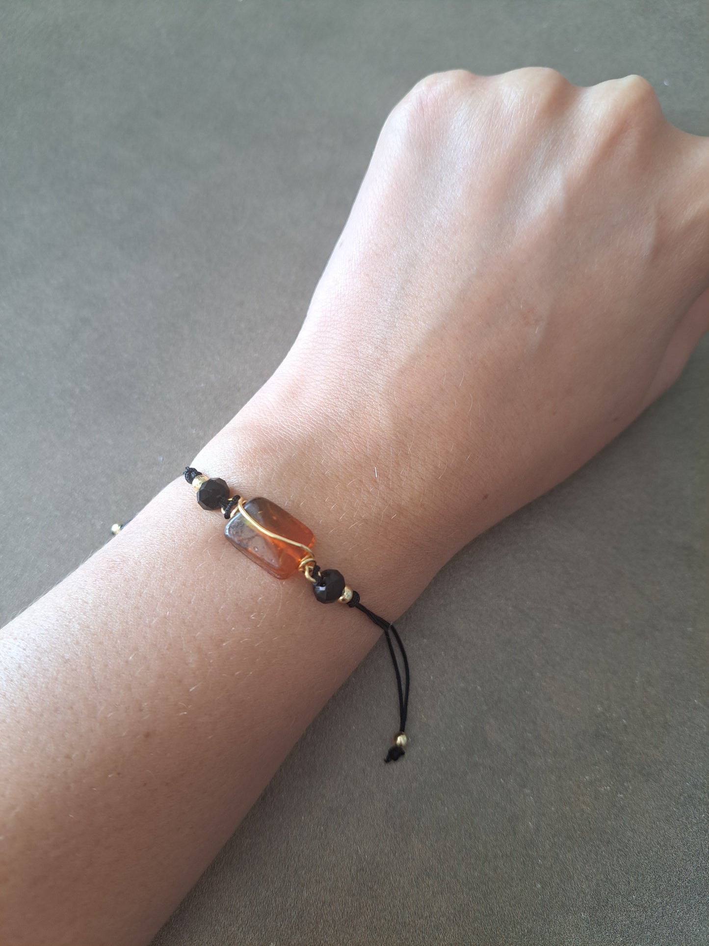 Adjustable Black Cord Bracelet Amber Effect Bead Bracelet Minimalist Friendship