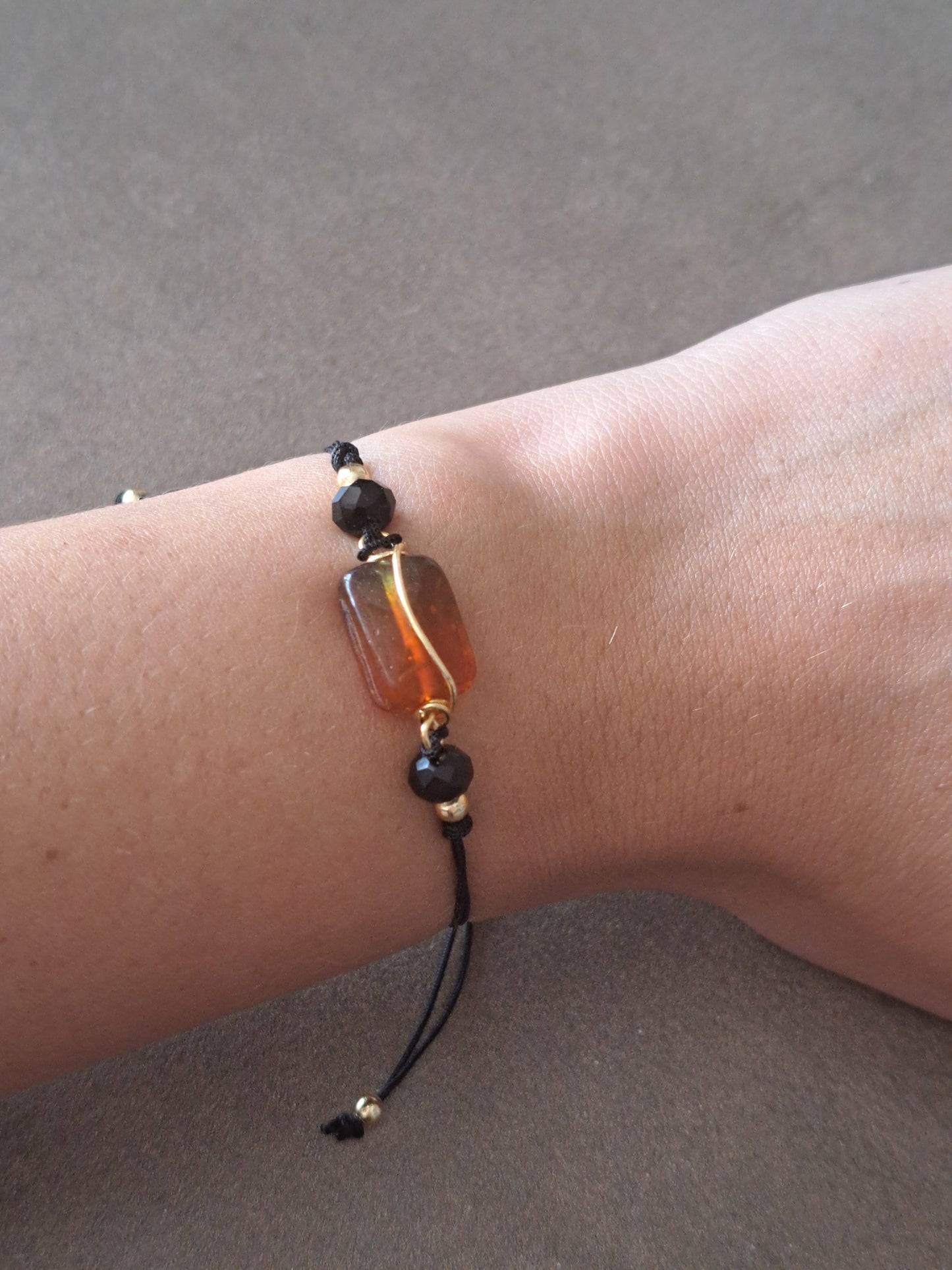 Adjustable Black Cord Bracelet Amber Effect Bead Bracelet Minimalist Friendship