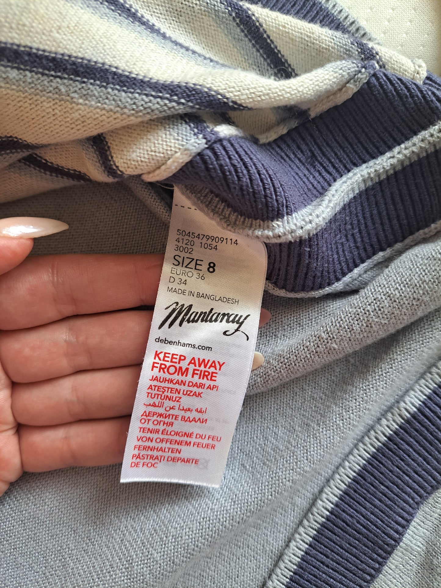 Mantaray Cream & Blue Striped Jumper Size 8 Nautical Button Detail