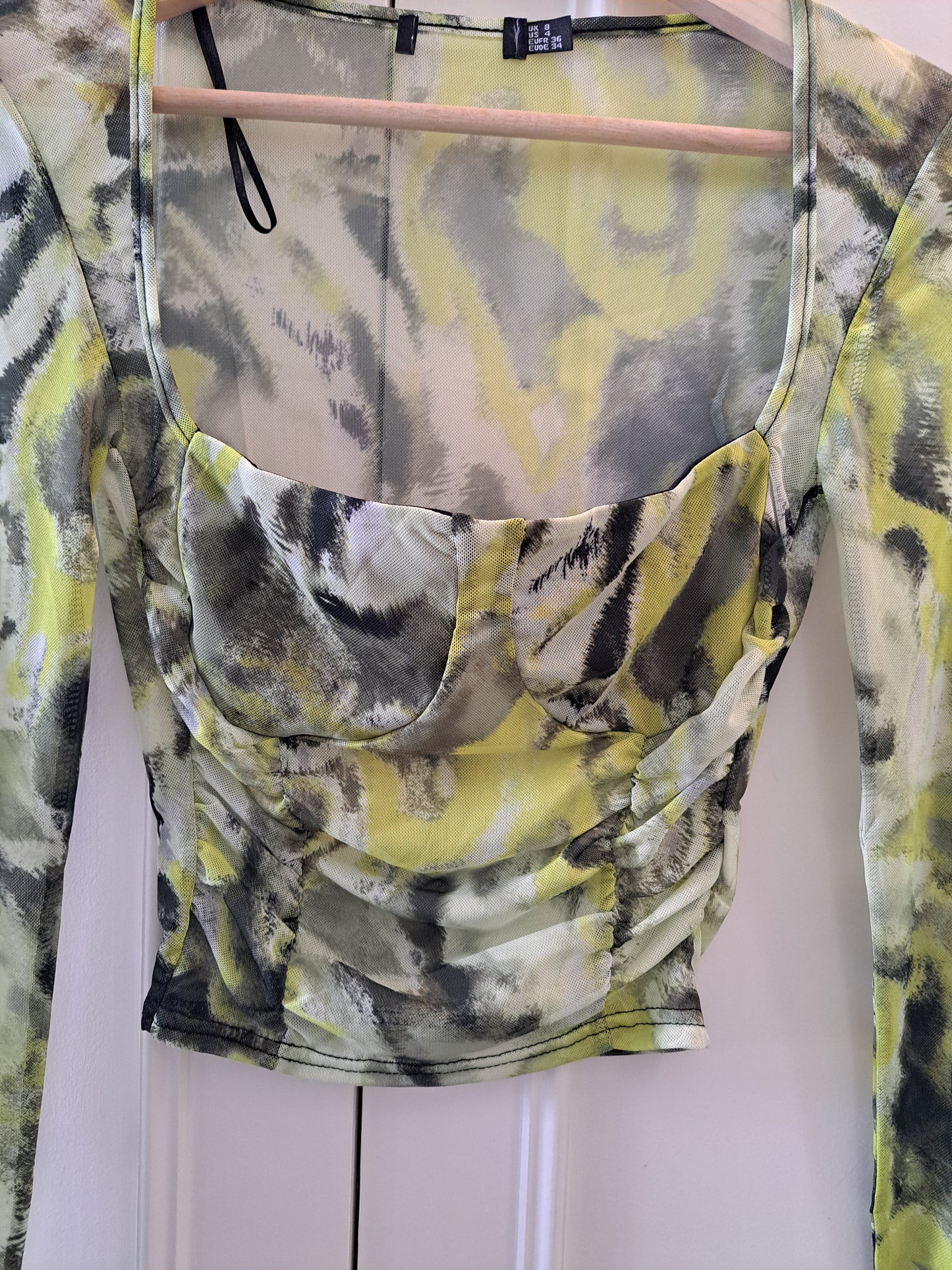Green Mesh Ruched Long Sleeve Crop Top Size 8