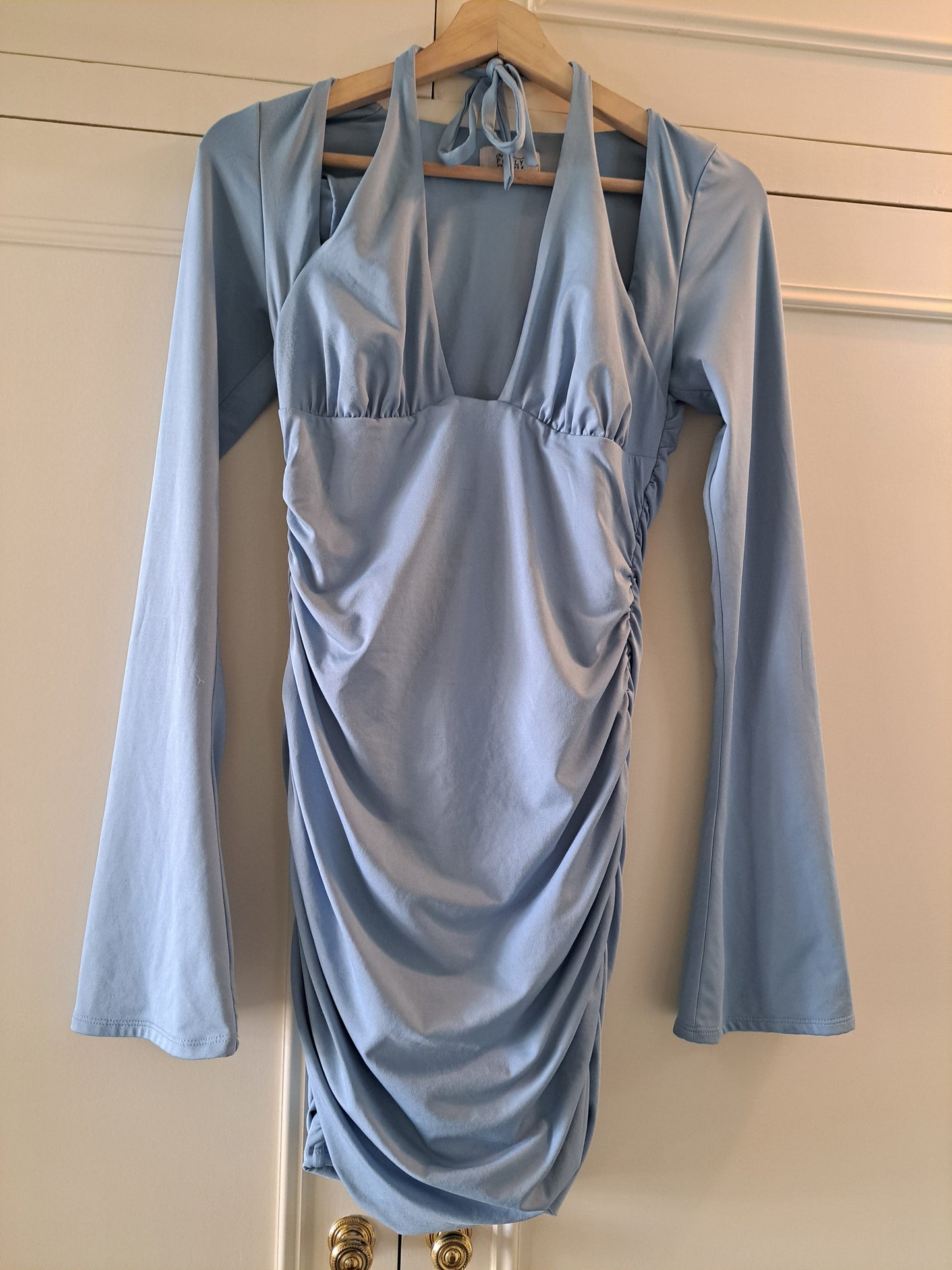 Oh Polly Blue Ruched Bodycon Midi Dress UK 10 Cut Out Occasion Dress