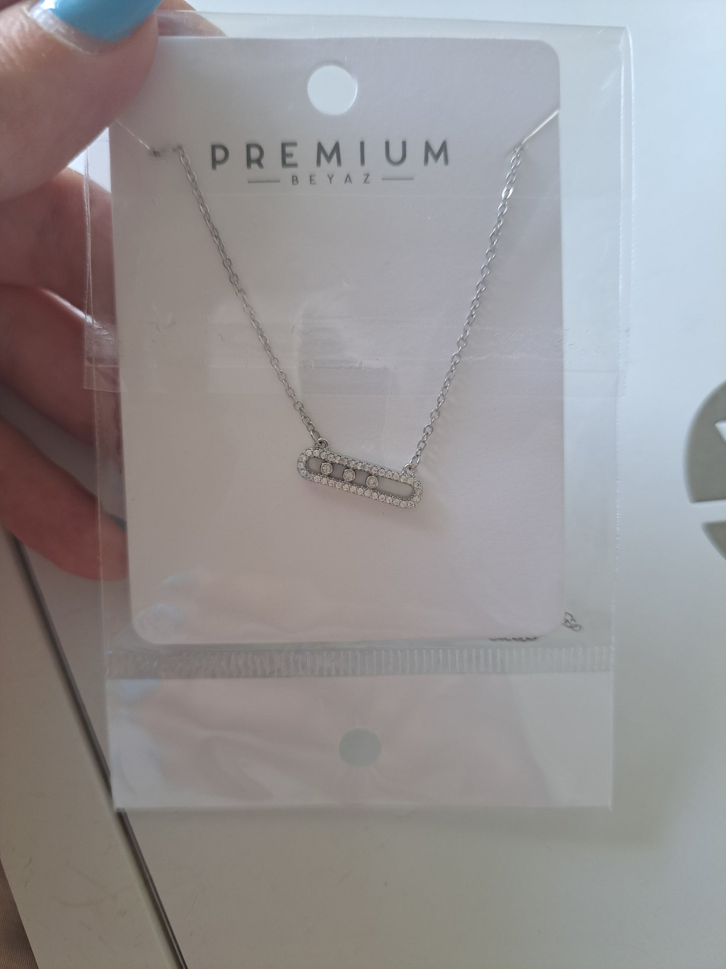 Silver Tone CZ Link Necklace Cubic Zirconia Bar Pendant Minimalist Necklace