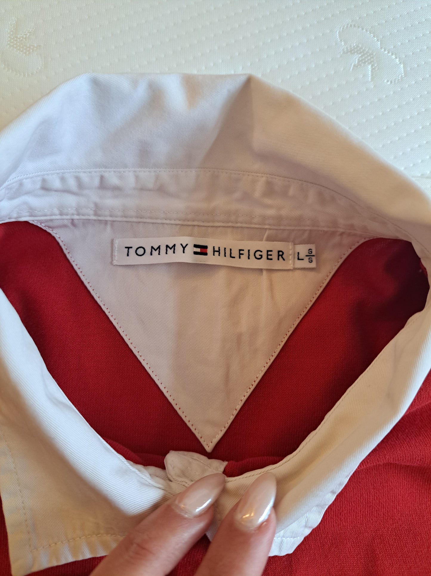 Tommy Hilfiger Rugby Shirt Red Navy Long Sleeve Polo Size L