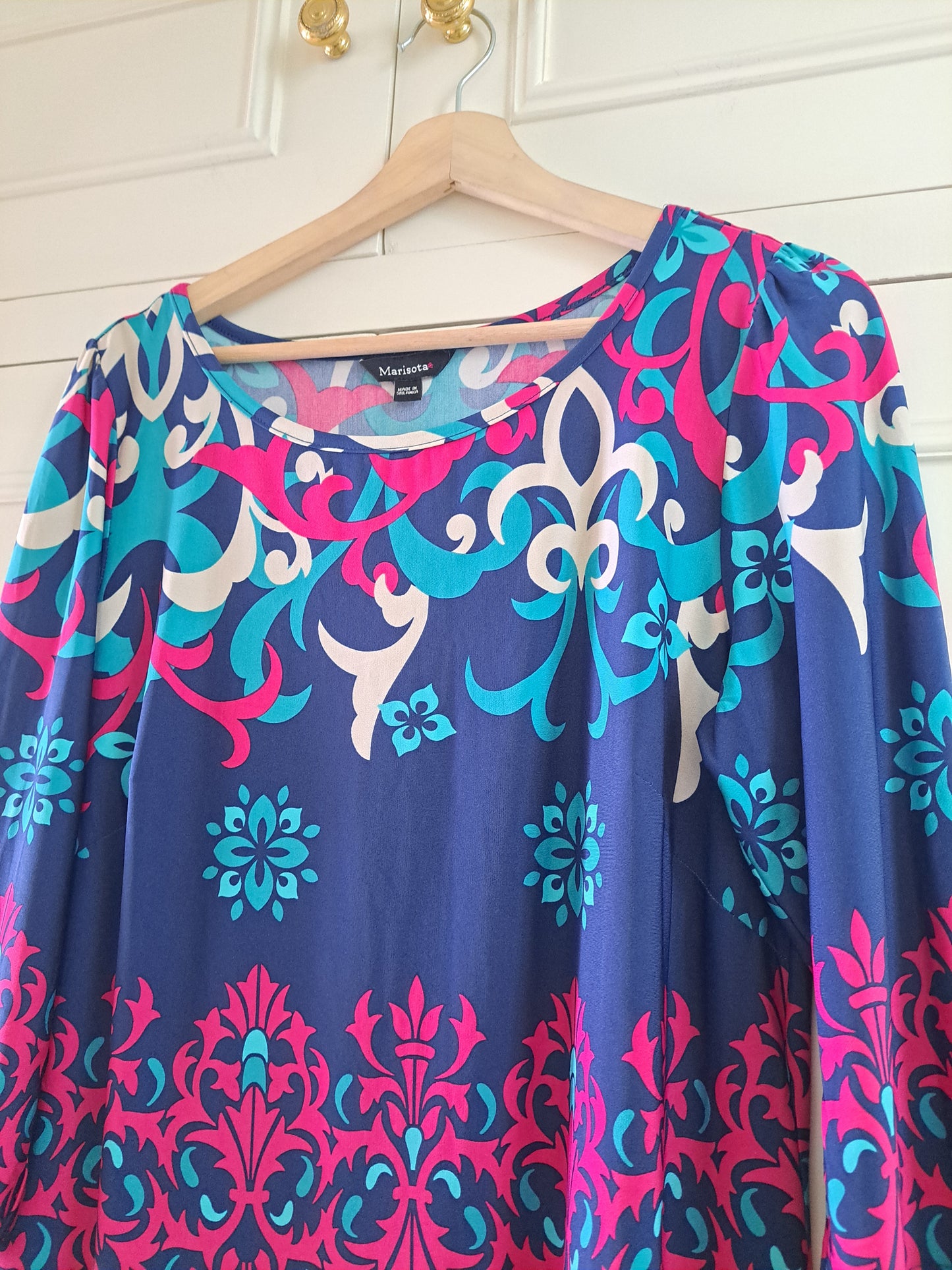 Marisota Multi Print Dress Size 16 Blue Pink Paisley Tunic Stretch Dress