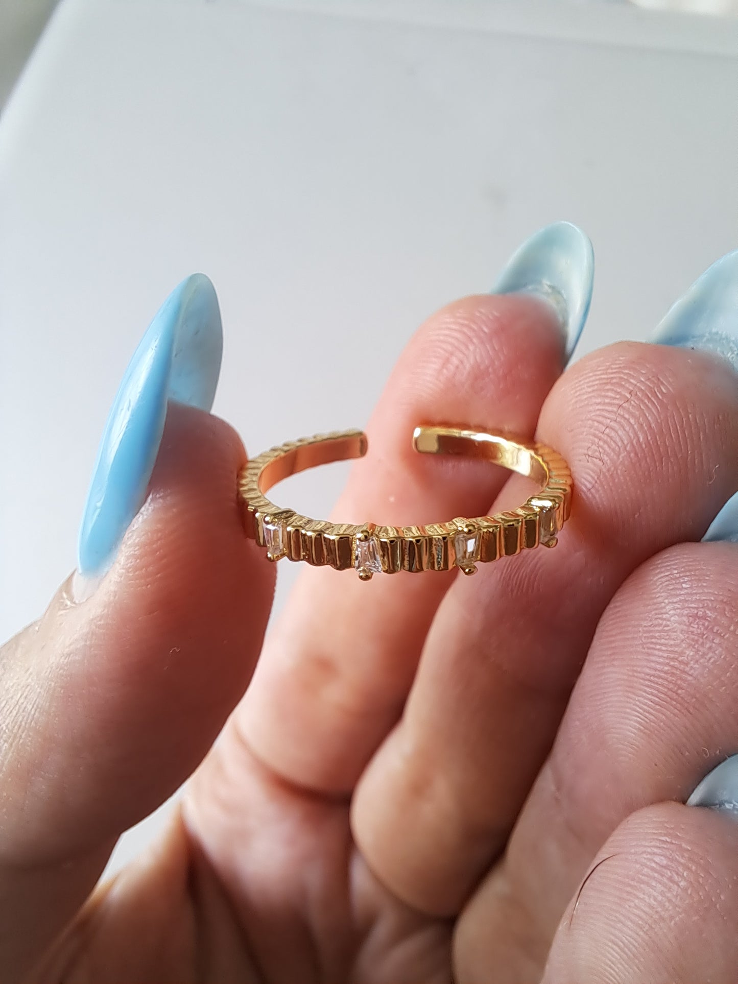 Gold Tone Adjustable CZ Ring Cubic Zirconia Baguette Open Ring
