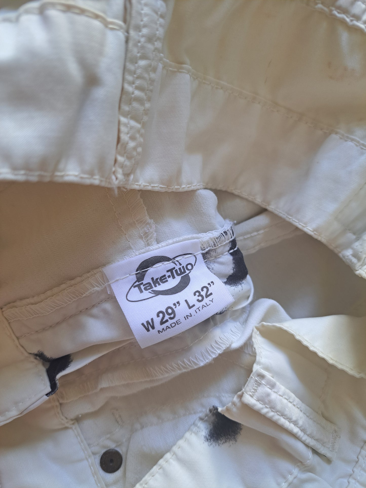 Y2K Cream White Spray Print Flared Jeans Low Rise Festival Trousers