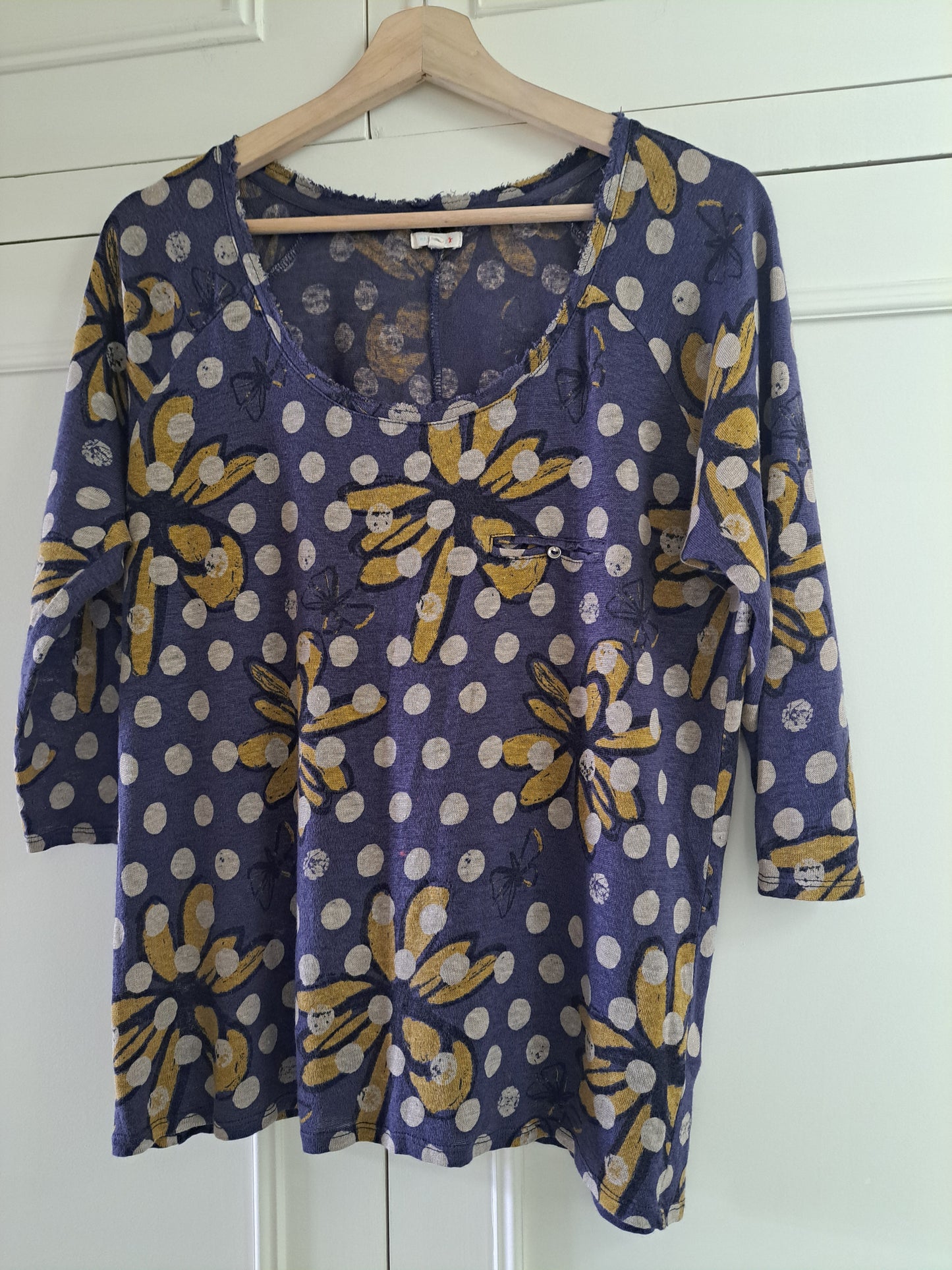 White Stuff Linen Blend Floral Polka Dot Top  Purple Boho Summer Blouse