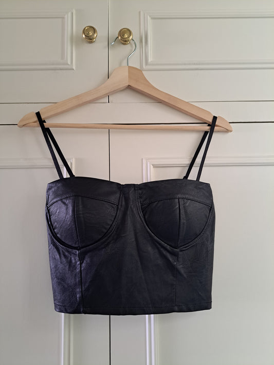 Black Faux Leather Corset Crop Top Bustier Cami Y2K Going Out Top