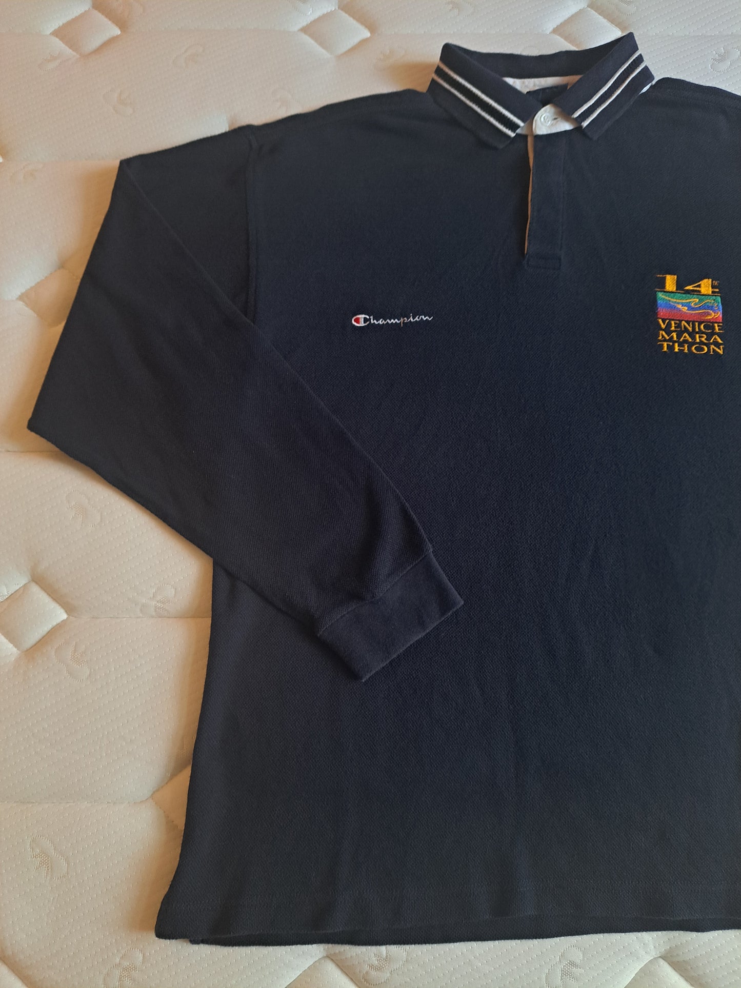 Champion Vintage Style Long Sleeve Polo Shirt Navy Size XL