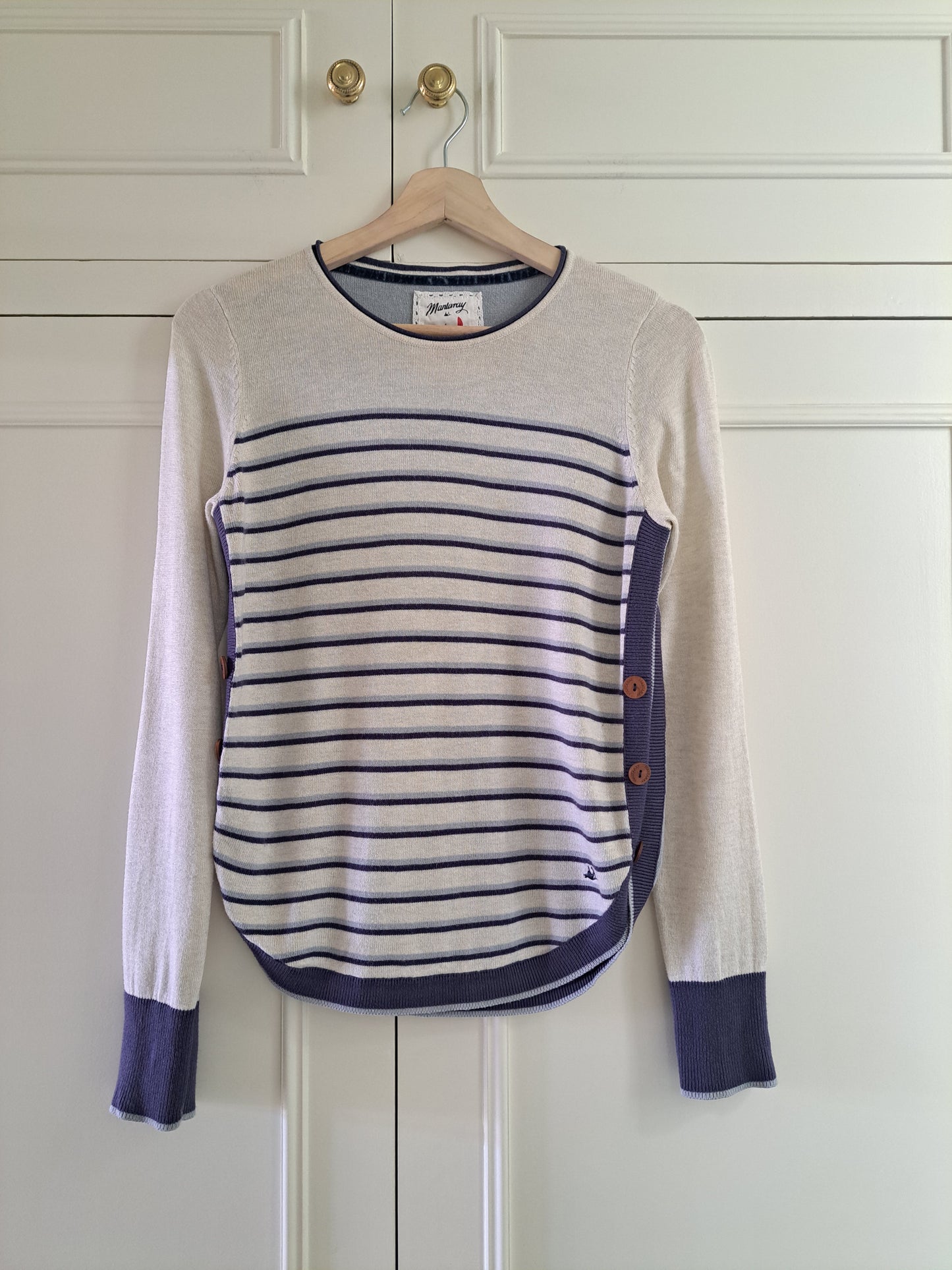 Mantaray Cream & Blue Striped Jumper Size 8 Nautical Button Detail