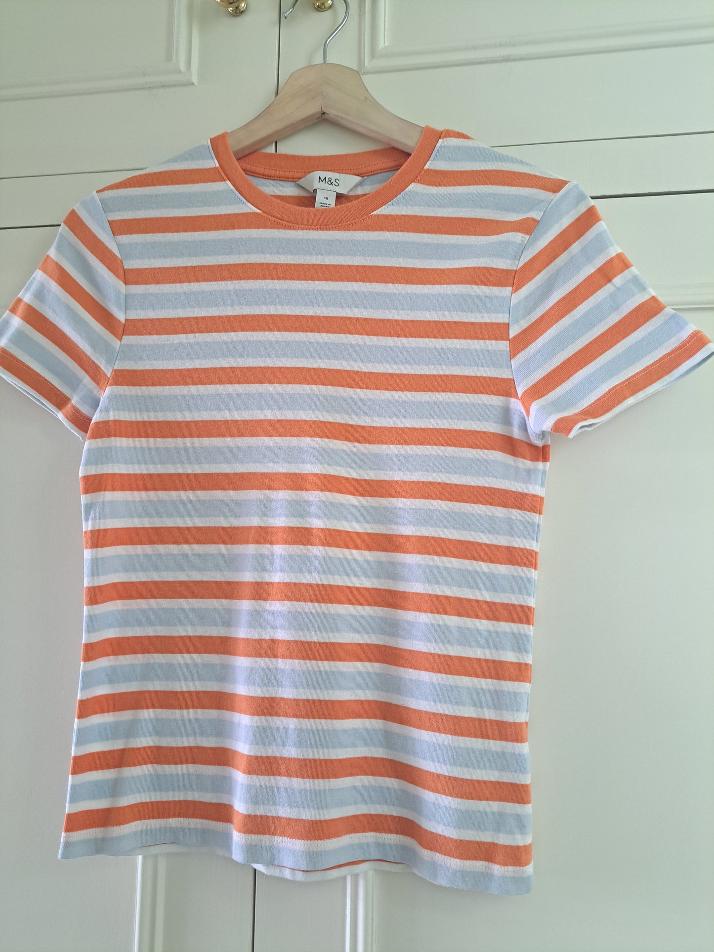 M&S Orange & White & Blue Striped Cotton Top Size 12 Casual Summer T-Shirt