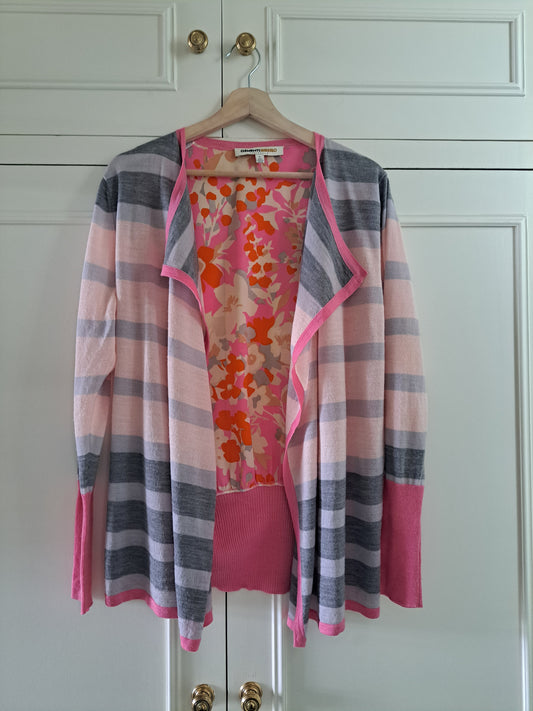 Clements Ribeiro Pink Floral Waterfall Cardigan XL Wool Blend Designer Knit