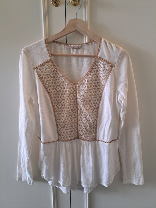 TU White Boho Embroidered Blouse Long Sleeve Peplum Top Size 12