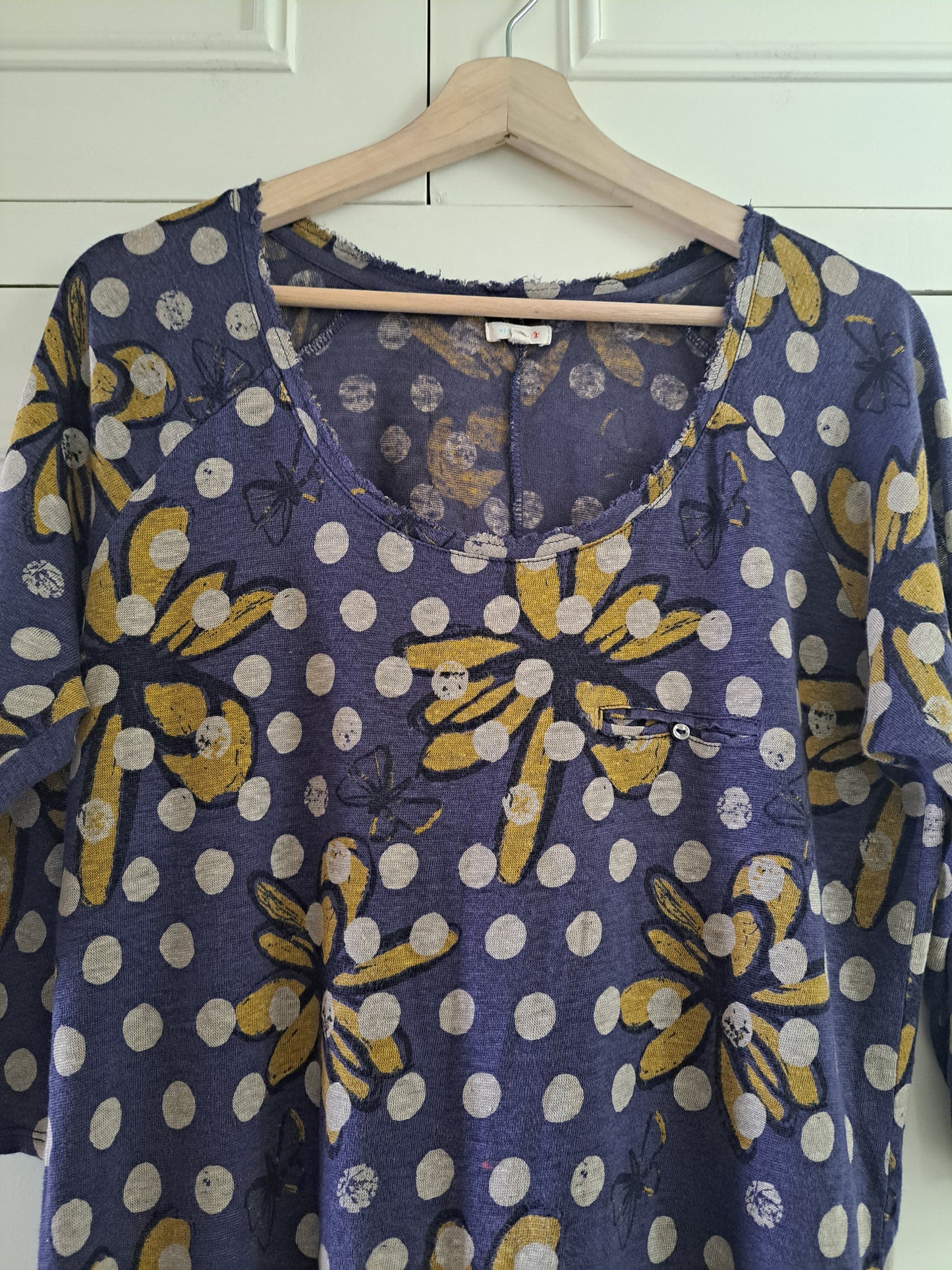 White Stuff Linen Blend Floral Polka Dot Top  Purple Boho Summer Blouse