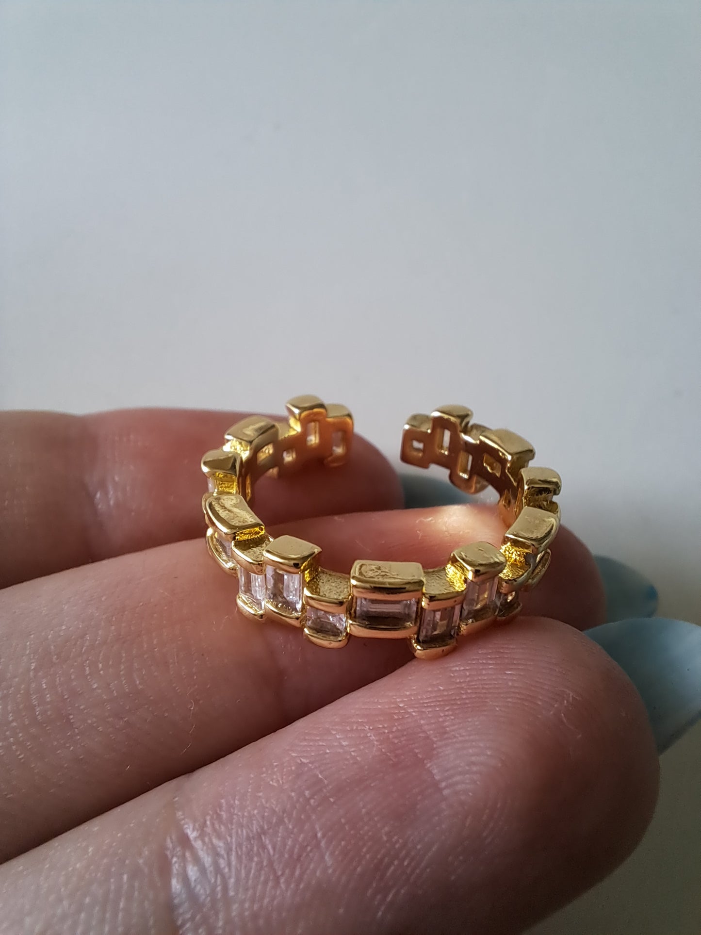 Gold Tone Adjustable CZ Baguette Ring  Cubic Zirconia Open Ring