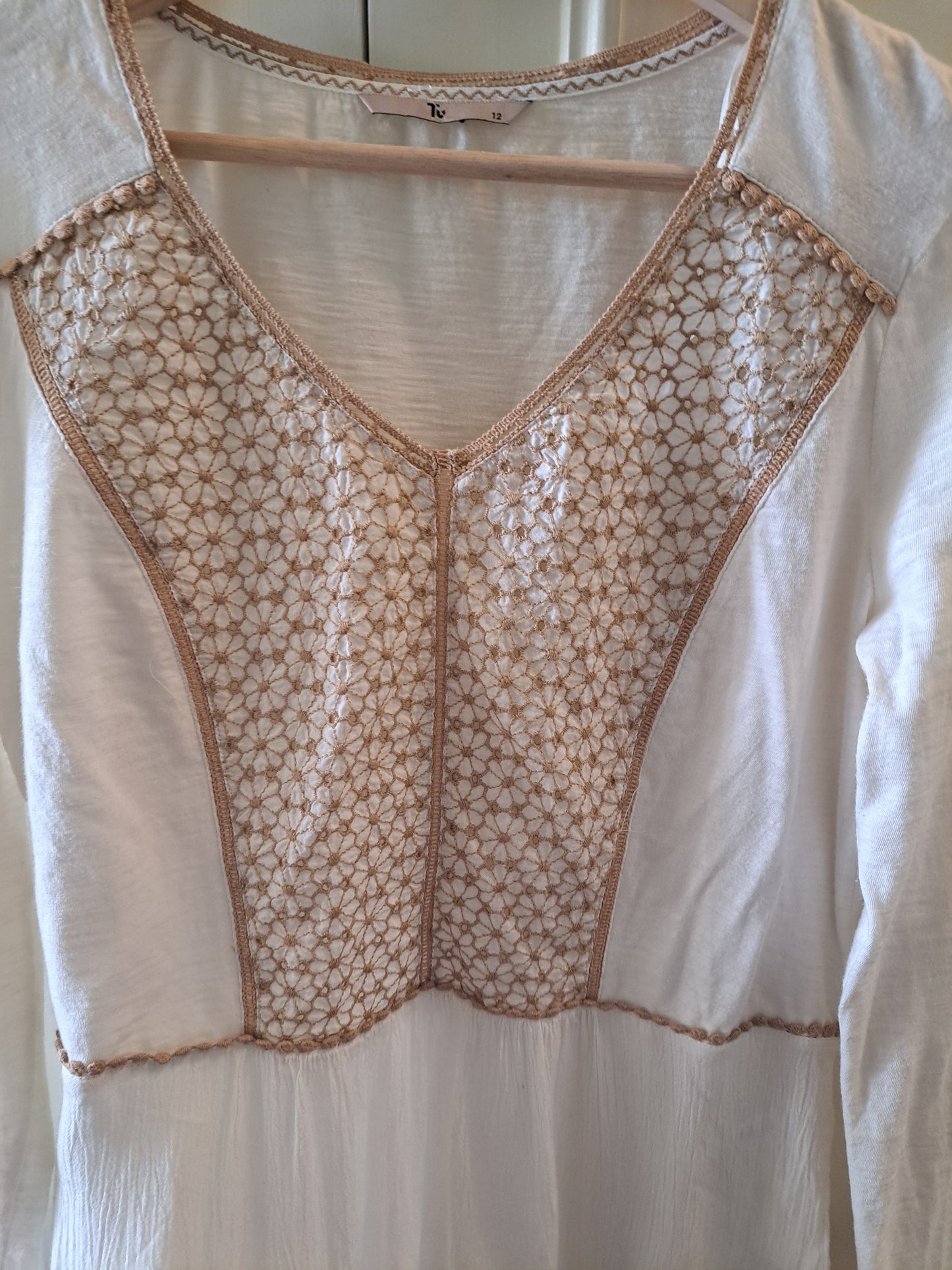 TU White Boho Embroidered Blouse Long Sleeve Peplum Top Size 12