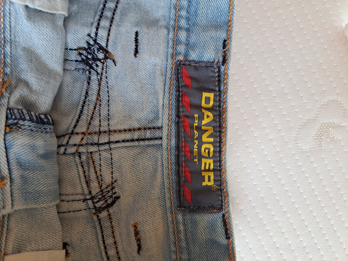 Y2K Distressed Denim Mini Skirt Size 30/44 Light Wash Patchwork Mini Skirt