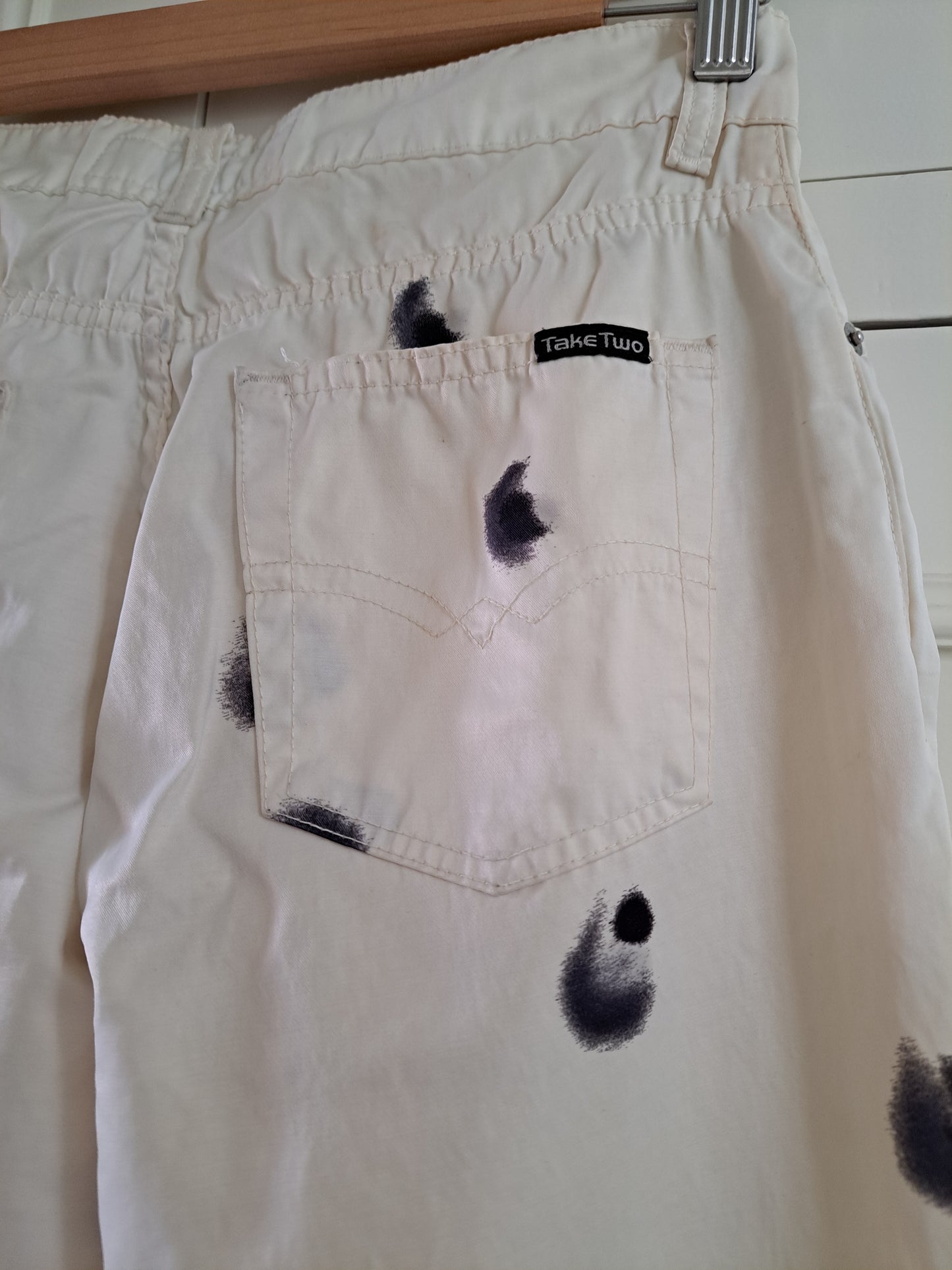 Y2K Cream White Spray Print Flared Jeans Low Rise Festival Trousers