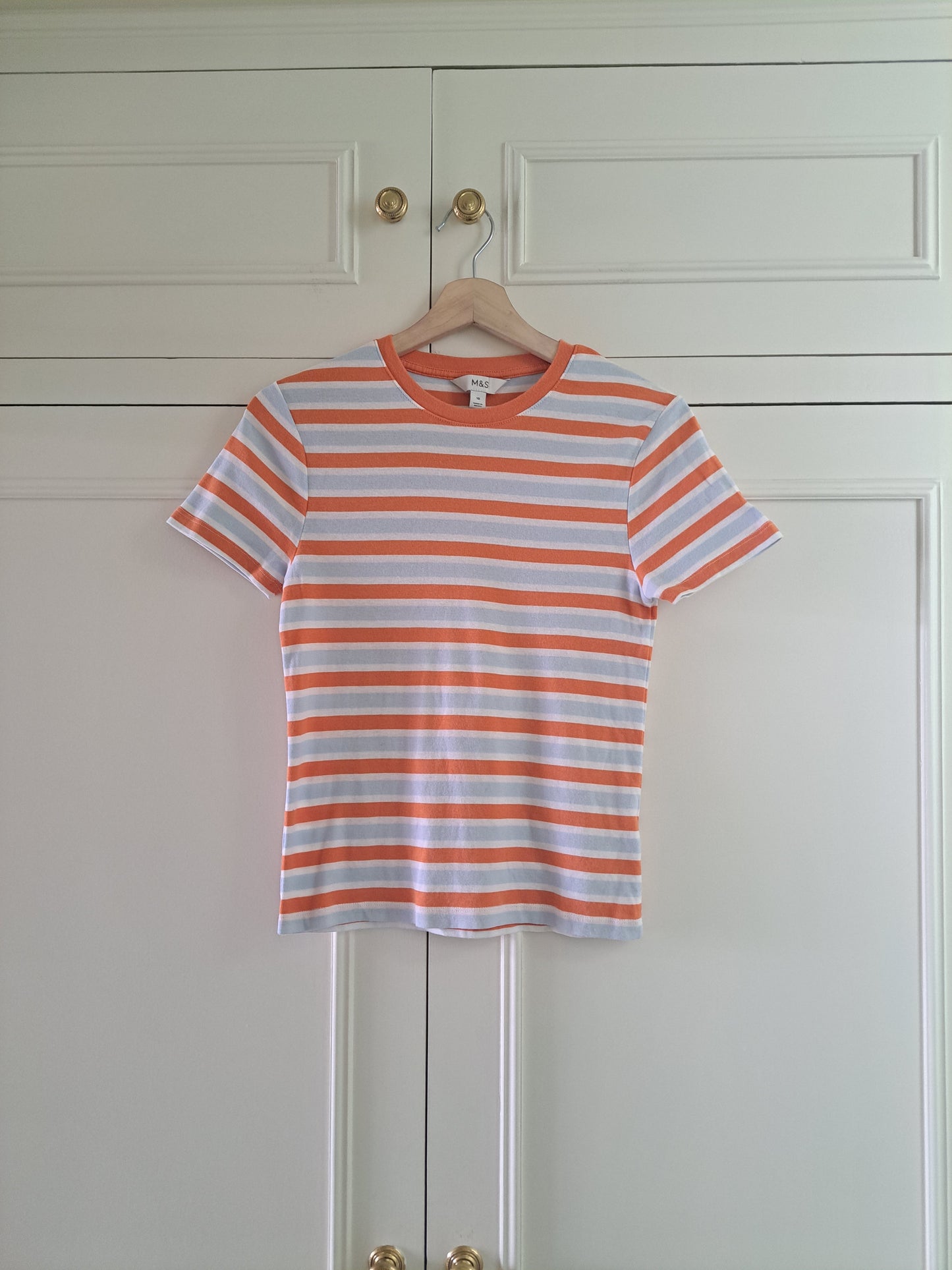 M&S Orange & White & Blue Striped Cotton Top Size 12 Casual Summer T-Shirt