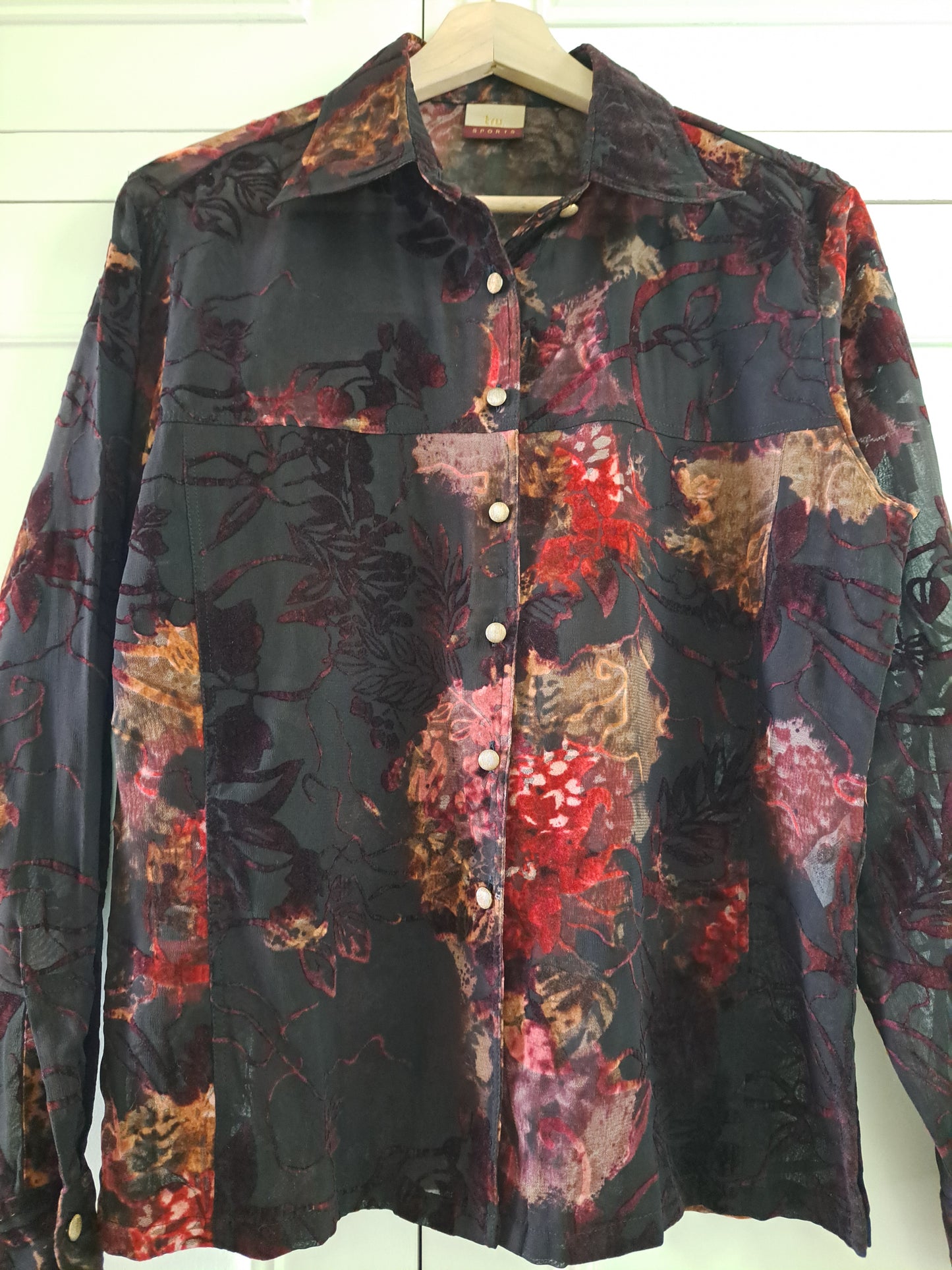 Sheer Floral Blouse Size 38 Black Burgundy Button-Up Shirt Romantic Top