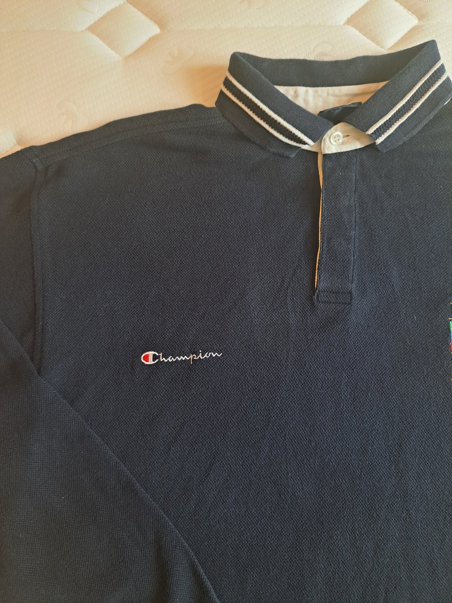 Champion Vintage Style Long Sleeve Polo Shirt Navy Size XL